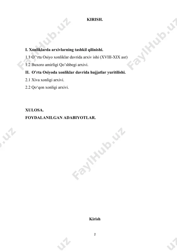 otchida chuqur bilim, maxsus malaka, sabot va matonat talab qiladi. arxiv hujjatlarini jamiyat hayotini o‘rganishda o‘mi beqiyosdir. 0‘rta osiyo xonliklari: buxoro, xiva va qo‘qon xonliklarining davlat arxivi o‘tgan asrda, ya’ni 1865, 1876-yillardan keyin, ya’ni xonliklar rossiya impyeriyasi harbiylari tomonidan bosib olinganidan keyin, rossiyaga olib ketildi hamda muzey va kutubxonalarda saqlandi. ulaming - ijtimoiy-iqtisodiy hayotga oid qismi, 1960-yildan keyin toshkentga 0‘zbekiston markaziy davlat tarix arxiviga qaytarildi. xiva xonligining arxivi va uning materiallari asosida asrimizning 60-yillarida ozmi-ko‘pmi ilmiy ishlar olib borildi. biz bu 0‘rta osiyo xalqlarinigg ijtimoiy-iqtisodiy va siyosiy tarixini o‘rganishda qo‘qon xonligi arxivining ham ahamiyati kattadir. bu muhim arxiv ham o‘z vaqtida (1876-yildan keyin) sankt-peterburgga olib ketilgan va imperator muzeyi (hozirgi sharqshunoslik instituti) sankt-peterburg xalq kutubxonasi fondlarida joylashtirilgan edi. mazkur arxivga tegishli hujjatlar prof. a.l. troitskaya tomonidan o‘rganilib, 1968-yilda “katalog arxiva kokandskix xanov xix veka” nomli ma’lumotnomasi e’lon qilindi. 0‘zbekiston respublikasi markaziy davlat arxivida qo‘qon, xiva xonlari arxivlari, buxoro amrrliginibg qushbegi …
