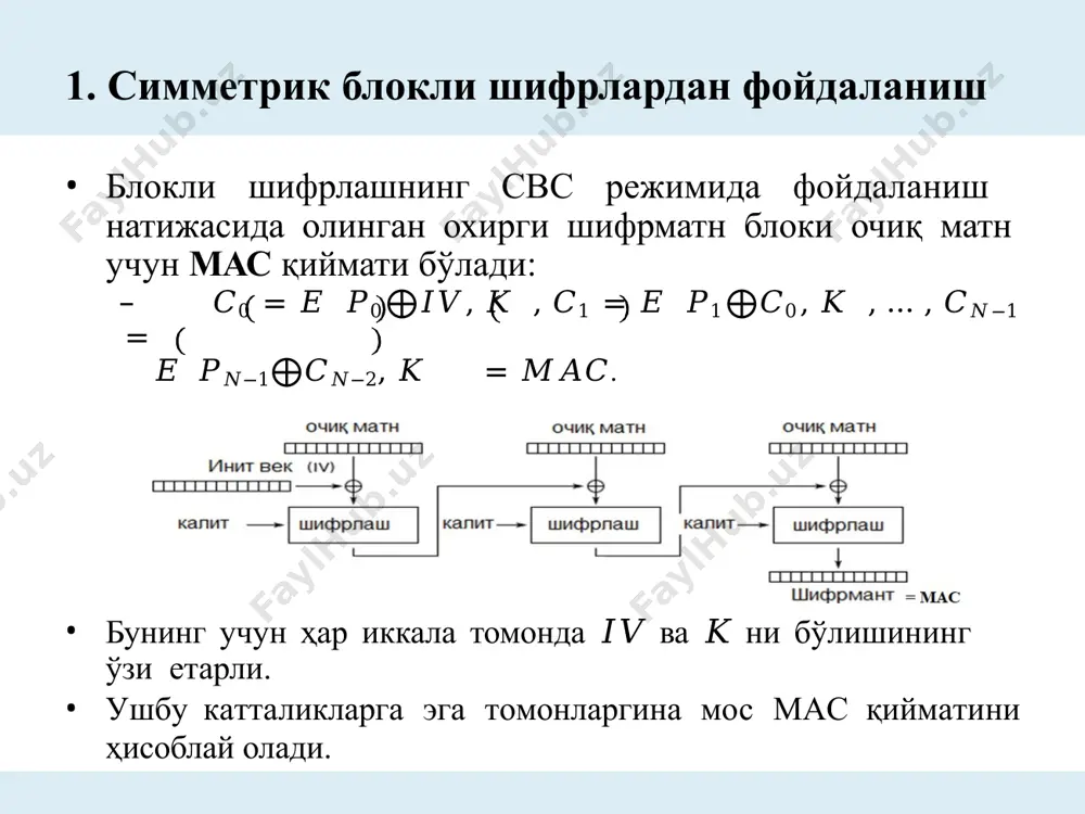 анлигини қандай аниқлаш мумкин: бу эса муаммо !!!! бу муаммонинг эчими борми? ҳа, бор. сертификатдан фойдаланиш. яъни, очиқ калитни бирор қонуний томондан мавжуд бўлган марказ томонидан сертификат қўринишида чоп этиш. умумий ҳолда, мазкур муаммони олдини олиш учун очиқ калитли криптографик тизимларда очиқ калитлар инфратузилмасидан фойдаланилади. pki рақамли сертификат (ёки очиқ калит сертификати ёки қисқача сертификат) фойдаланувчининг исми ва унинг очиқ калитидан иборат бўлади (амалда фойдаланувчига ва сертификатга сертификат тегишли маркази маълмотлар ҳам бўлади) ва у (certificate authorit ёки ca) томонидан имзоланади. 𝐴 томоннинг сертификати қуйидагидан иборат бўлади: 𝑀 = (a томон номи, 𝐴 томонинг очиқ калити) ва 𝑆 = [𝑀]𝐶𝐴. ушбу сертификатни текшириш учун 𝐵 томон {𝑆}𝐶𝐴 ни ҳисоблайди ва 𝑀 га тенглигини текширади. 𝐶𝐴 томони одатда ишончли учунчи томон (trusted third party ёки ttp) сифатида қаралади. эътиборингиз учун рахмат!!! image1.jpg image10.png image11.png image2.png image3.png image4.png image5.png image6.png image7.png image8.png image9.png