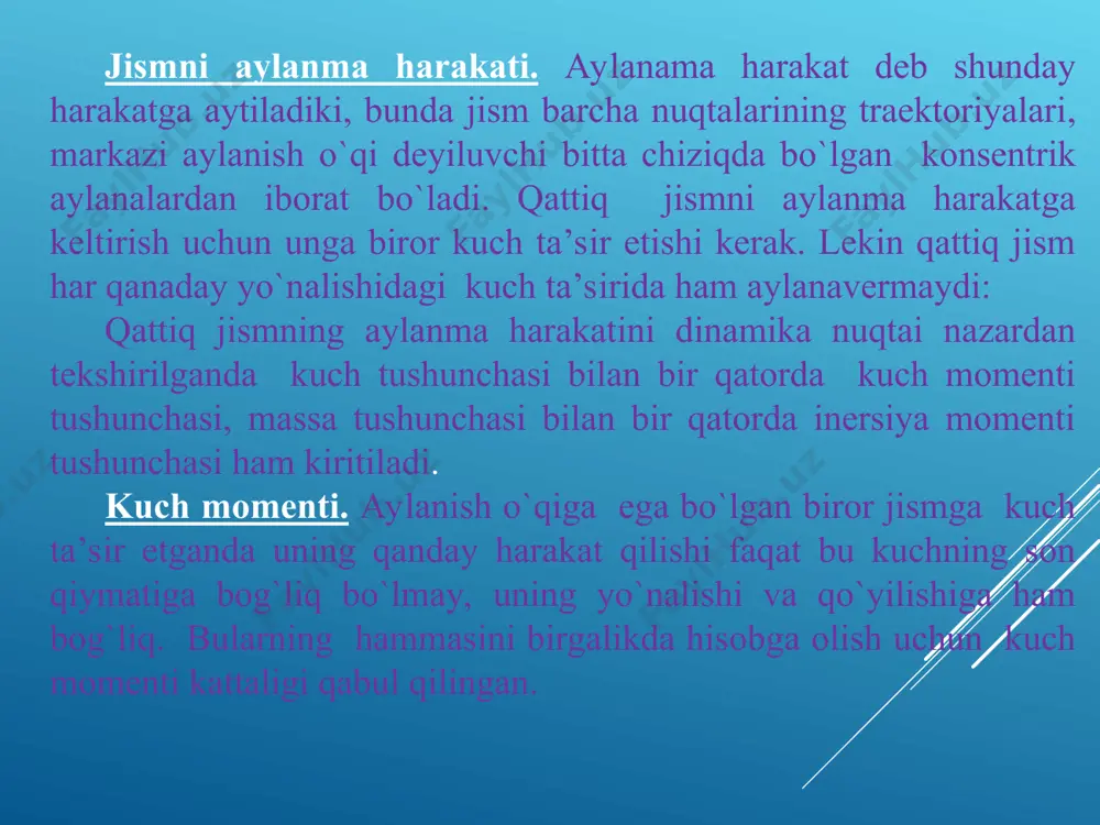 . f aylantiruvchi kuch qo’yilran r ga ko’paytmasi aylantiruvchi kuchning m momenti (aylantiruvchi kuch momenti) deyiladi. jismning aylanayotgan disk radiusi bo’yicha harakati jism aylanuvchi disk radiusi bo’yicha harakatlanayotganda koriolis kuchining yo’nalishi aylanayotgan disk ustidagi jismning disk bilan kontsentrik bo’lgan aylana bo’yicha harakati nisbiy tezlikni radius bo’yicha yo’nalgan v1 tashkil etuvchiga va radiusga tik v2 tashkil etuvchiga ajratish nisbiy tezlikni aylanish o’qiga tik v1 tashkil etuvchiga va o’q bo’yicha yo’nalgan v2 tashkil etuvchiga ajratish. fk koriolis kuchining yo’nalishini aniqlash. yer sirtida harakatlanayotgan jismlarga ta’sir qilayotgan koriolis kuchlarining yo’nalishi. a nuqtaning aylana bo’yicha harakati. aylanayotgan qattiq jismni juda mayda bo’laklarga ajratish. f kuchning o nuqtaga nisbatan momenti m vektor orqali ifodalanadi. juft kuchning o nuqtaga nisbatan momenti y nuqtaning o’rniga bog’liq emas. juft kuchning momenti m vektor orqali ifodalanadi. kovak tsilindrning inertsiya momentini aniqlash. silindrning oo/ o’qqa nisbatan inertsiya momenti ga teng. kovak silindrning oo/ o’qqa nisbatan inertsiya momenti ga teng. sterjenning …