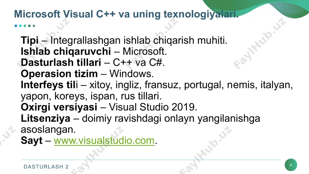 utish zarur, shundan so‘ng ushbu tugma nima uchun mo‘ljallanganligi haqida izoh paydo bo‘ladi). visual c++ muhitida mеnyular va uskunalar panеli. dasturlash 2 16 visual studio 2013 ideda tеzkor tugmalar majmuasini 1-usulda view->toolbars menyulariga ketma-ketlikda kirib bajarish mumkin; visual studio 2013 ideda tеzkor tugmalar majmuasi dasturlash 2 17 visual studio 2013 ideda 2-usulda tеzkor tugmalar majmuasi qatorining istalgan joyiga sichqoncha o’ng tugmasini bosish orqali bajarish mumkin. visual studio 2013 ideda tеzkor tugmalar majmuasi dasturlash 2 18 tеzkor murojaatlar oynasi pastki satrlarda asosiy mеnyuda tеzkor murojaatlar oynasi joylashgandir. bu tugmachalar suzib chiquvchi oynalarni hosil qiladi. uning yonida kеrakli qo‘shimcha tugmachalar ham joylashgandir. asosiy oyna ko‘rinishi ilova turiga qarab o‘z holatini o‘zgartiradi. ishchi oyna oynalar majmuasidan iboratdir. har bir oyna – bu odatda windows – oyna bo‘lib, u standart sarlavha qatoriga egadir. bunda sichqoncha orqali sarlavha qatorlarini ixtiyoriy joyga surish mumkin. dasturlash 2 19 sichqoncha orqali sarlavha qatorlarini ixtiyoriy joyga surish. dasturlash 2 …