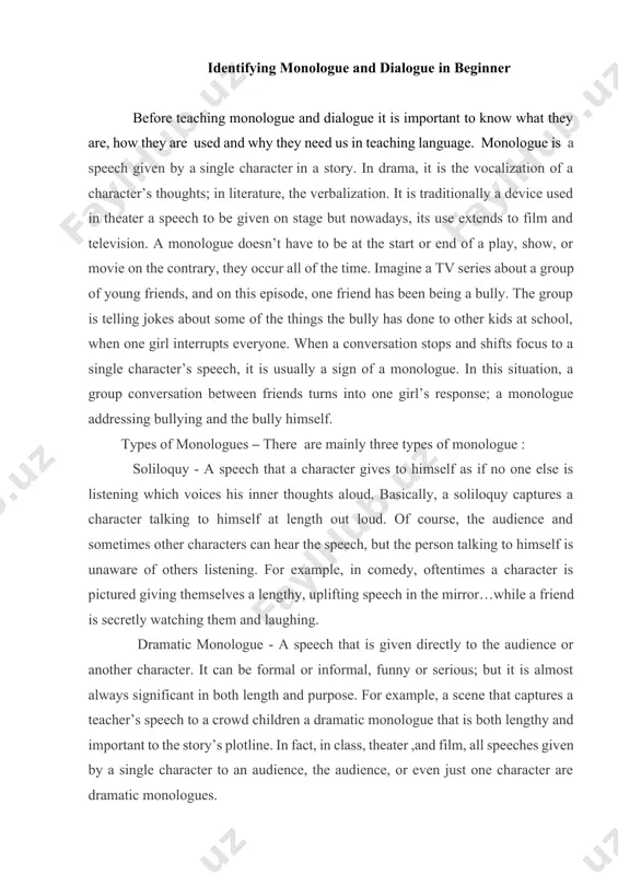 a soliloquy captures a character talking to himself at length out loud. of course, the audience and sometimes other characters can hear the speech, but the person talking to himself is unaware of others listening. for example, in comedy, oftentimes a character is pictured giving themselves a lengthy, uplifting speech in the mirror…while a friend is secretly watching them and laughing. dramatic monologue - a speech that is given directly to the audience or another character. it can be formal or informal, funny or serious; but it is almost always significant in both length and purpose. for example, a scene that captures a teacher’s speech to a crowd children a dramatic monologue that is both lengthy and important to the story’s plotline. in fact, in class, theater ,and film, all speeches given by a single character to an audience, the audience, or even just one character are dramatic monologues. internal …