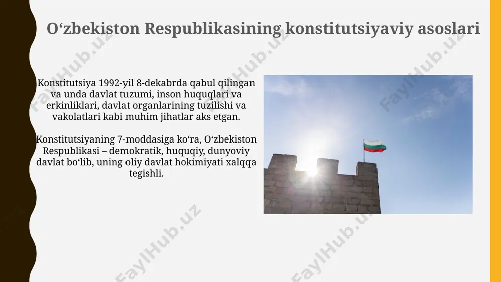 oraqalpogʻiston respublikasi va toshkent shaharidan iborat boʻlib, ularning har biri hokim tomonidan boshqariladi. viloyatlar va tumanlar darajasida 100 dan ortiq davlat organlari va idoralari faoliyat yuritadi, ularning har biri o'z vakolat doirasida hududiy rivojlanishga hissa qo'shadi. viloyatlar va ularning maʼmuriy markazlari surxondaryo viloyati, janubiy hududda joylashgan boʻlib, 15 ta tuman va 4 ta shaharni oʻz ichiga oladi, maʼmuriy markazi termiz shahri. andijon viloyati 14 ta tuman va 4 ta shaharga boʻlingan boʻlib, uning maʼmuriy markazi andijon shahri hisoblanadi, aholi zichligi yuqori. davlat mustaqilligi va hududiy yaxlitlik davlat mustaqilligi va hududiy yaxlitlikni taʼminlash uchun qurolli kuchlar, milliy gvardiya va boshqa huquqni muhofaza qilish organlari faoliyati muhim rol oʻynaydi, ularning soni oʻn minglab askar va xodimlardan iborat. oʻzbekiston respublikasining davlat mustaqilligi 1991-yil 31-avgustda eʼlon qilingan boʻlib, bu hududiy yaxlitlikni taʼminlash uchun konstitutsiyaviy asos yaratdi. e'tiboringiz uchun rahmat @taqdimot_robot image1.jpg image2.jpg image3.jpg image4.jpg image5.jpg image6.jpg image7.jpg image8.jpg image9.jpg image10.jpg image11.jpg image12.jpg