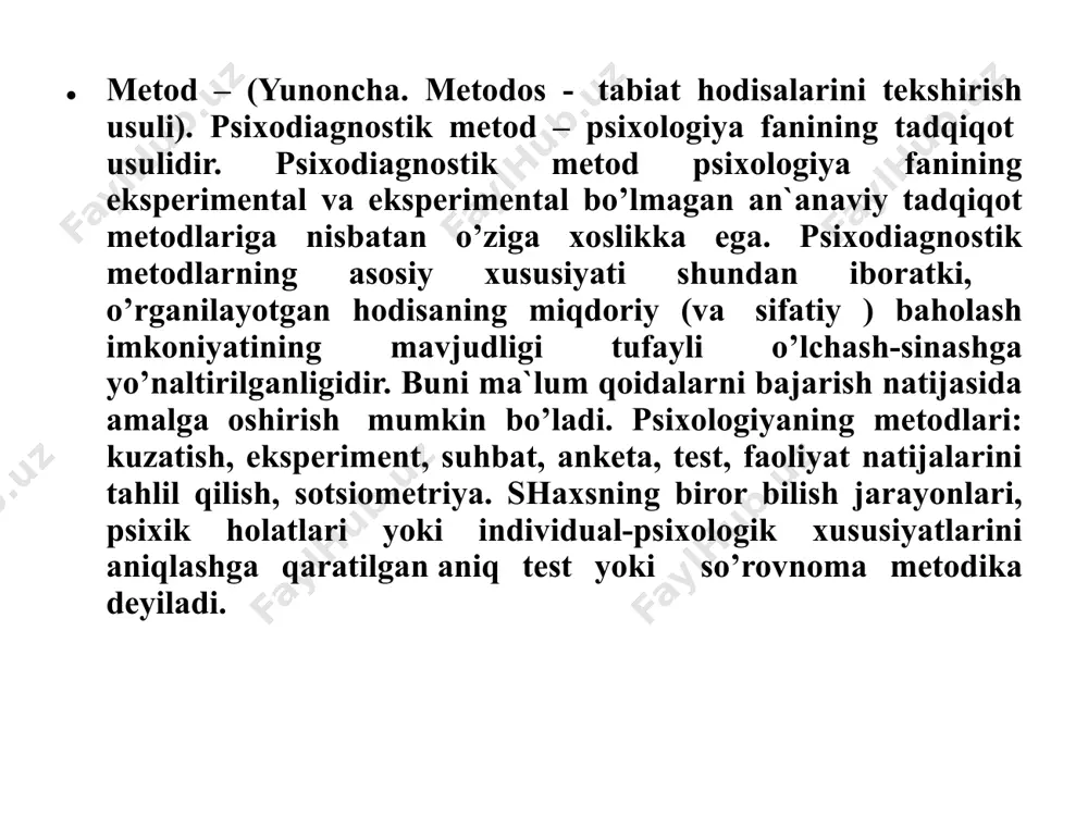 rhlash asosida xulosa chiqarish aniq belgilab olinadi. yuqorida ko‘rsatib o‘tilgan psixodiagnostik talablar – standartlashtirilgan kuzatish deb yuritiladi. sharoitni engillashtirish muammo echimini taklif qilish savollarga javob berish ma'lumotlar berish tushuntirib berish yordam berishni taklif qilish yordam so‘rash tushuntirib berishni so‘rash ma'lumotlar berishni so‘rash savollarga javob berishni so‘rash muammo echimini so‘rash muammoni yanada chigallashtirish. bu sxema xulq-atvorni kuzatishning 12 xil tipini qamrab olgan, unda 6ta ijobiy va 6ta salbiy ko‘rinishlar ifodalangan. kuzatish natijalarini miqdoriy tahlil qilishda statistik metodlarni quyidagicha tartibda qo‘llash lozim: olingan natijalarni foizlar bo‘yicha hisoblash; o‘rtacha arifmetik qiymatni topish; o‘rtacha kvadrat og‘ishni topish (sigma); son qatoridagi miqdorlar tarqoqligini aniqlash (dispersiya); omillar o‘rtasidagi muayyan munosabatlar mavjudligini tahlil qilish (korrelyatsiya); metodikalar ishonchlilik darajasini aniqlash (styudent mezoni). b.g.ananevning nuqtai nazaricha, psixologik kuzatish metodlari psixologik ob`ektlar bilan operatsiyalar tizimi bo’lib, fanning bilish ob` ektidir. psixologiyada empirik metodlarni qo’llash muammosi ko’rib chiqilayotganda ularni psixologik metodlar tizimidagi o’rnini aniqlashdan boshlash kerak. empirik metodlarni qo’llashning beshta darajasini …