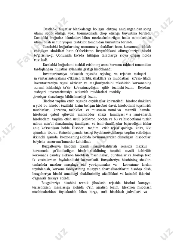 ilarga taqdim etiladigan, ikkinchi qismda korxonaning alohida bo‘1inmalaridan olinadigan hisobotlar bo‘yicha zarur ma’1umotlar keltiriladi. buxgalteriya hisobini texnik rasmiylashtirish rejasida mazkur korxonada go’llaniladigan hisob shaklining batafsil tavsifi keltirilib, korxonada qanday eleknon hisoblash mashinalari, qurilmalar va boshqa texn ik vositalardan foydalanilishi ko‘rsatiladi. buxgalteriya hisobining shaklini tanlashda mazkur masalaga oid yo‘riqnomalar va ko‘rsatma- lardan toydnlanish, korxona faoliyatining muayyan shart-sliaroitlarini hisobga olish, buxgalteriya hisohi amaldagi shakllnriniiig afzalliklari va kainchil iklarini o'rganisli tavsiya etiladi. buxgalteriya hisobini texnik jihozlash rejasida hisobni kompyu- terlashtirish masalasiga alohida o‘rin ajratish lozim. elektron hisoblash mashinalaridan foydalanish bilan birga, turli hisoblash jadvallari va mexanik o‘lchagich vositalari (o‘lchagich idish, tarozi va h.k.)flan hain foydalanish zarur, buxgalteriya xodimlarining mehnatini tashkil etish rejasida buxgalteriya apparatining tuzilishi va shtat jadvali aniqlanib, har bir xodimga lavozim yo’riqnoinasi ishlab chiqiladi, uliiiiiing malakasini oshirish bo’yicha tadbirlar belgilanadi, hisob ishlarining grafiklai i tuziladi. buxgalteriya apparatining tuzilmasini va uning alohida bo‘linmalar bilan aloqa qilish shakllarini aniqlashda bu ×balteriya hisobini markazlashtirilgan …