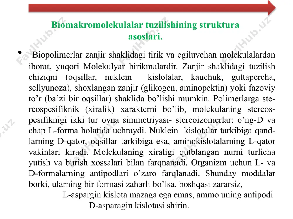 rga mos aminokisnota, nukneotid "xarflari" vositasida amalga oshiriladi. mutasiyalar tufayli informasiya teksti o’zgaradi. polisaxaridlar makromolekulasi bir xil zvenolardan iborat bo’lgani uchun, informasiyaga ega emas. shuning uchun ular tayanch va oziqa vazifalarini bajaradi. oqsil va nuklein kislotalar molekulalari, kovalent bog’lar orqali bog’langan monomerlarning muntazam va anqk ketma-ketnilidan tashkil topadi. mazkur ketma-ketnikdagi monomerlarning soni va takrornanish tartibi makromolekulaning birnlmchi strukturasi . deb ataladi. birlamchi, ikkilamchi va uchnamchi strukturalar polimer zanjiridagi aminokislota qoldig’larining muayyan tipi va ularning muntazam ravishda davriylik bilan takrorlanib kelishi, oqsillar turi va funksiyalarining xilma- xilnigini ta’minlaydi. nuklein kislotalarning birlamchi strukturasi qand (rnkda riboza, dnkda dezoksiriboza) bilan fosfat kislota qoldig`i ularni zvenolarining takrorlanishidan iborat. har bir uglevod zvenosiga azot asoslaridan (adenin, timin, guanin, sitozin) birikadi, ya’ni dnk va rnk tekstlari, to’rt xarfni alifbe bilan yozilgan. rnkda timin o’rniga urasil kirgan. dnk- nukleotid tarkibi chargaff qoidasiga bo’ysunadi: molekuladagi a soni t soniga, s esa g soniga teng, purinlar (a+g) soni piramidinlarsoni …