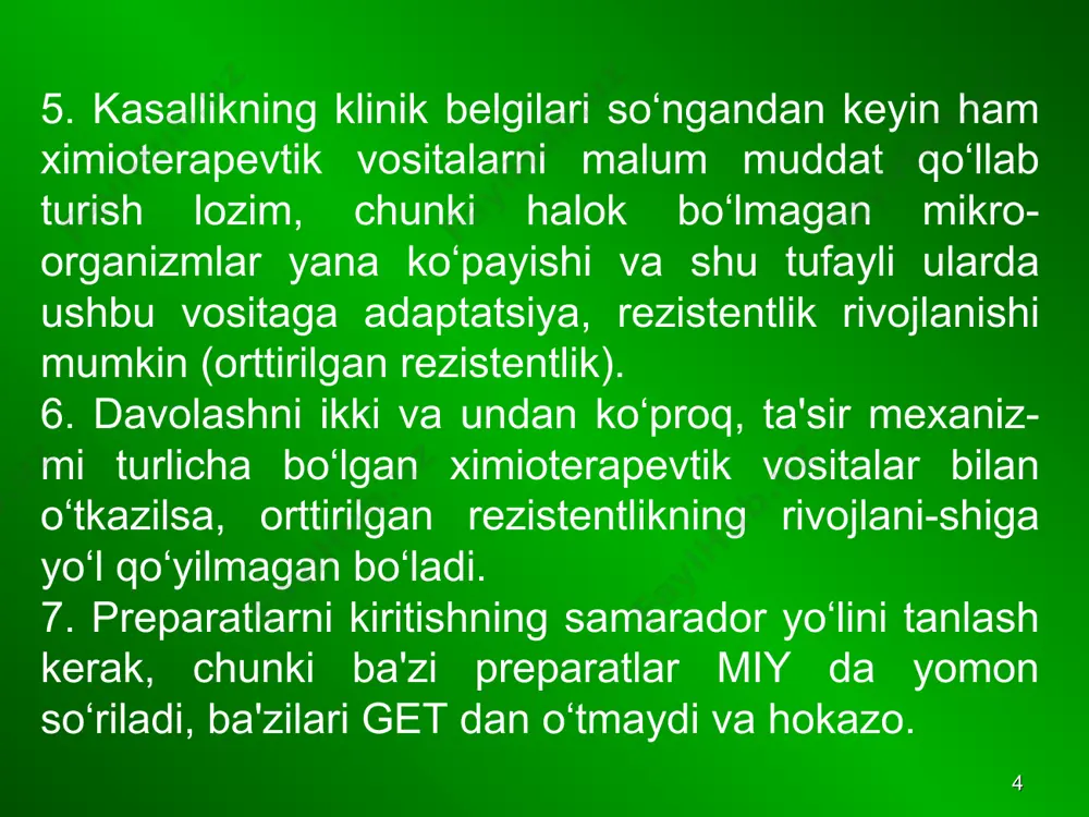 (murein va peptid zanjiridan iborat mukoproteid) sintezlanishi buziladi. penitsillinlar quyidagi guruhlarga bo‘linadi: i. biologik sentez usuli bilan olinadigan penitsillin pre-paratlari (biosentetik penitsillinlar) 1. parenteral yo‘l orqali kiritiluvchi (oshqozonning kislo-talik muhitida parchalanib ketadi) a) qisqa ta'sir etuvchilar − benzilpenitsillinning natriyli tuzi − benzilpenitsillinning kaliyli tazi b) davomli ta'sir etuvchilar − benzilpenitsillinning novokainli tuzi − bitsillin-1 − bitsillin-5 2. enteral yo‘l bilan kiritiluvchi (kislotaga chidamli) − fenoksimentilpenitsillin * ii. yarim sintetik penitsillinlar 1. parenteral va enteral yo‘l bilan kiritiladigan vositalar (kislotaga chidamli) a) penitsillinaza ta'siriga chidamlilar − oksatsillinning natriyli tuzi − nafsillin b) keng ta'sir spektriga ega preparatlar − ampitsillin − amoksitsillin 2. parenteral yo‘llar bilan kiritiluvchilar (oshqozonning kislotalik muhitida parchalanib ketadi) a) keng ta'sir spektriga ega vositalar (ko‘k yiring tayoqchasiga ham chidamli) − karbenitsillinning dinatriyli tuzi − tikarsillin − azlotsillin 3. enteral yo‘l bilan kiritiluvchi (kislotaga chidamli) − karbenitsillin indanil natriy − karfetsillin * penitsilinlar bakteritsid ta'sir ko‘rsatadilar. ular faqat bo‘linayotgan …