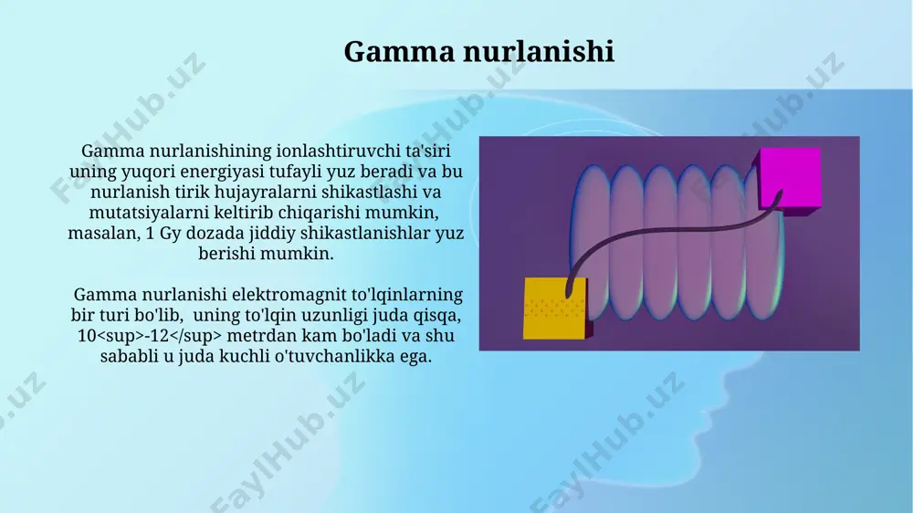 natijasida hosil bo'lgan gazni detektsiyalashga asoslangan. ionlashtiruvchi nurlanish manbalari tibbiy diagnostika va davolash (rentgenografiya, kompyuter tomografiyasi, radiatsion terapiya) ionlashtiruvchi nurlanishning asosiy sun'iy manbalaridan biri bo'lib, yillik dozaga sezilarli ta'sir ko'rsatadi. ionlashtiruvchi nurlanishning tabiiy manbalari, masalan, kosmik nurlar va yer qobig'idagi radionuklidlar, umumiy dozaga taxminan 50% hissa qo'shadi, qolgan 50% esa sun'iy manbalardan kelib chiqadi. nurlanishning o'tkazuvchanligi materiallar orqali nurlanishning o'tish qobiliyati, masalan, suv yoki havo orqali alfa zarralarining o'tish masofasi bir necha santimetr bo'lsa, gamma nurlanishi esa bir necha metrni tashkil qiladi. nurlanishning o'tkazuvchanligi ionlashtiruvchi nurlanishning energiya miqdoriga va moddaning tuzilishiga bog'liq bo'lib, yuqori energiyali zarralar 10 6 ev dan yuqori energiyaga ega bo'lganda modda orqali osonroq o'tadi. rentgen nurlanishi rentgen nurlanishining energiyasi 10 kev dan 100 kev gacha bo'lib, to'lqin uzunligi 0.01 nm dan 0.1 nm gacha oralig'ida o'zgaradi, bu esa uning yuqori energiyali va yuqori o'tkazuvchanligiga olib keladi. rentgen nurlanishi ionlashtiruvchi nurlanish turi bo'lib, jonli organizmlarga ta'sir qilganda …