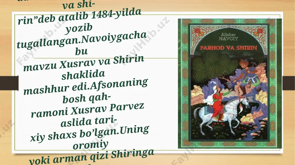 barning buroq oti yordamida alloh huzuriga yo‘l olishi tasviri beriladi.bunda payg’ambarning 12 burji va 7sayyorani oshib o’tib lomakonga ko’tarilgani,”qobi qavsayn”(ikki yoy oralig’i)darajasida allohga yaqinlashgani va foniy bo’lgani haqida fikrlar bayon etiladi. anga bu surma bo’g’och qurratil ayn, nasib o’ldi maqomi “qoba qavsayn”. o’zin gum aylabon,lekin topib haq, ko’rinmay kimsa haqdin ayru mutlaq. qalamkim,rahnavardi teztakdur, azaldin manzili favqul falakdur. magar vahm adhamidur tez raftor, ne adham,jardai shabdez raftor. chiqib ustiga barmoq shahsuvori, bo’g’in belbog’iyu,tirnoq uzori. keturgil,soqiy ul jomi kiromiy, ki,tutsun rindlar sarxayli jomiy. chu piri dayr may qildi havola, icharmen gar erur gardun piyola. dostonning asosiy qismi 12-bobdan boshlanadi.voqealar rivojini dostonni o’qib chiqqaningizda bilib olishingiz mumkin😊 image5.png image6.png image7.jpeg image8.jpeg image9.jpeg image10.jpeg image11.jpeg image12.jpeg image13.jpeg image14.jpeg image15.jpeg image16.jpeg image17.jpeg image18.jpeg image19.jpeg image20.jpeg image21.jpeg image22.jpeg image23.jpeg image24.jpeg image25.jpeg image26.jpeg image3.png image4.png /docprops/thumbnail.jpeg