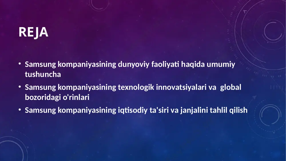itsiyalari strategiya samsung kompaniyasi strategiyasini rivojlantirish uchun global va mahalliy sohalar bilan hamkorlik qiladi, masalan, innovatsion markazlar ochish. investitsiyalar samsung kompaniyasi katta miqdorda investitsiyalar kiritadi, masalan, yangi texnologiyalarni rivojlantirish, yangi bozorlarga kirish uchun kapitalni oshirish. hamkorliklar samsung, boshqa korxonalarga tijorat, innovatsiya, yoki mulkni birlashtirish orqali strategik hamkorliklar olib boradi, bu global bozoridagi o'z o'rni uchun ahamiyatli. samsung kompaniyasining eng so'nggi texnologik innovatsiyalari samsung kompaniyasining eng so'nggi texnologik innovatsiyalari o'zida o'z ichki qulaylikni oshirish va foydalanuvchilarga yangi texnologiyalarni taqdim etishni maqsad qilmoqda. bu innovatsiyalar global bozorda kompaniya uchun raqobatbardoshlikni ta'minlashda katta ahamiyatga ega. samsung kompaniyasining global bozoridagi o'rinlari va ahamiyati bozordagi o'rni ahamiyati e'tiborli bozorlar samsung kompaniyasi global bozorda elektronika sohasida eng yuqori o'rni egallagan kompaniyalar orasida joylashgan. samsung, innovatsiyalar va sifatli mahsulotlari bilan dunyoda tan erkak, bu global bozordagi o'rnini saqlab qolishda muhim rol o'ynaydi. samsung, aqsh, yaponiya va yevropa bozorlarida e'tiborli bozor paytida eng yuqori darajada joylashib, xalqaro bozorni …