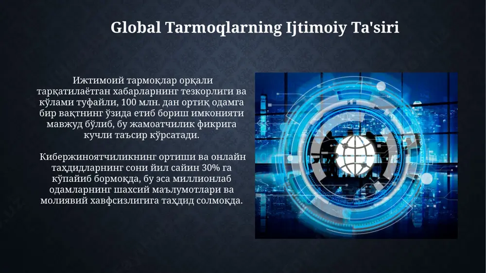 in. tcp/ip protokoli 4 qatlamli tarmoq modeli asosida ishlaydi va ma'lumotlarni uzatish uchun ip manzillar va port raqamlari kabi muhim parametrlardan foydalanadi. iot (internet of things) va tarmoqlar iot tarmoqlari, masalan, lpwan (low-power wide-area networks) kabi turli xil past quvvatli, uzoq masofali texnologiyalarni qo'llab-quvvatlaydi, bu esa qurilmalarni energiya sarfini kamaytirish va tarmoq qamrovini kengaytirish imkonini beradi. iot qurilmalari soni 2025-yilga kelib 75 milliarddan oshishi kutilmoqda, bu esa global kompyuter tarmoqlariga ulanishning eksponentsial o'sishiga va tarmoq infratuzilmasiga katta yuk solishiga olib keladi. tarmoqni boshqarish va monitoring tarmoqning ishlash samaradorligini tahlil qilish uchun, masalan, paket yo'qotishlari, kechikishlar va bant kengligi kabi metrikalarni o'lchash va tahlil qilish orqali 99.99% uptime ga erishishga harakat qilinadi. zamonaviy tarmoq boshqarish tizimlari, masalan, 5000 dan ortiq tugunni qamrab oluvchi katta miqyosli tarmoqlarda ham, avtomatlashtirilgan xabarlar va real vaqtda ogohlantirishlar orqali muammolarni aniqlash va bartaraf etishga yordam beradi. e'tiboringiz uchun rahmat @taqdimot_robot image2.jpg image3.jpg image4.jpg image5.jpg image6.jpg image7.jpg …