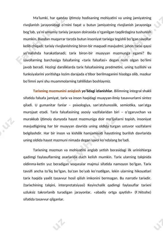 retatsiyasi) keyinchalik qadimgi faylasuflar tarixni uzluksiz takrorlanib turadigan jarayonlar, «abadiy ortga qaytish» (f.nitsshe) sifatida tasavvur qilganlar. diniy an'ana tarixning butunlay boshqacha talqinini taklif qildi. o‘rta asrlarda ilohiy taqdir asosiy tarixiy kuch sifatida e'tirof etildi. tarixiy voqyealarning ichki mantiqi alohida mazmun kasb etdi: xudo nafaqat tarixiy jarayonni boshqaradi, balki adashgan insoniyatga gunohlardan forig‘ bo‘lish, jannatdagi boqiy hayotga erishish yo‘lini ko‘rsatadi. avreliy avgustin o‘zining «ilohiy shahar haqida» asarida boqiylik va muvaqqatlik, ilohiylik va dunyoviylikning birligi to‘g‘risida so‘z yuritadi. uning fikricha, iso masih insoniyatga boqiylik sari yo‘l ko‘rsatgan. tarixning mazmuni – boqiylikka eltuvchi yo‘ldan borishda, inson hayotining mazmuni esa – xudoga xizmat qilish, gunohlardan forig‘ bo‘lishdadir. ibn xaldun tarixning mazmuni haqida mulohaza yuritar ekan, uni, inson hayotining mazmuni kabi, tarix tugaganidan keyingina aniqlash mumkinligini qayd etadi. ammo, shunga qaramay, tarixning mazmuni haqida erkinlik, ijod tushunchalariga tayanib so‘z yuritish mumkin, deb hisoblaydi. tarixning harakatida ibn xaldun ob'ektivlashuvning inson ustidan hukmini kamaytiradigan, uning erkinligi va …