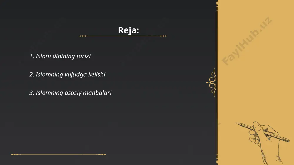 at: qur'on va hadis. qur'on, islomning eng muqaddas kitobi bo'lib, 114 suradan va 6,236 oyatdan tashkil topgan. u muhammad payg'ambarga 23 yil davomida vahi orqali nozil qilingan. hadis, muhammad payg'ambar (s.a.v) ning so'zlari, amallari va taqrizlarini o'z ichiga oladi. hadislar ikki asosiy qismga bo'linadi: sahih va zaif hadislar. islomiyning uchinchi manbai - ijmo, islom ulamolarining bir masalada yakdillik bilan kelgan qaroridir. aql va qiyas ham manbalar qatoriga kiradi, ular qur'on va hadisga asoslangan mantiqiy xulosalardan iborat bo'ladi. ... t.me/slaydai_bot 4. qur'on tarixi va mohiyati qur'on - islom dinining muqaddas kitobi bo'lib, vahiy orqali muhammad payg'ambarga nozil qilingan. u 610-632 yillarda 22 yil davomida tarixi davomida nozil bo'ldi. qur'on 114 sura va 6236 oyatdan tashkil topgan. arab tilida yozilgan bo'lib, musulmonlar tomonidan o'qilish va yod olinadi. uning mohiyati insoniyatga to'g'ri yo'lni ko'rsatish, axloqiy me'yorlarni taqdim etish va ilohiy qo'llanmalarga amal qilishdir. qur'on, islomiy huquq, etika va o'qitishning asosi sifatida xizmat qiladi. …
