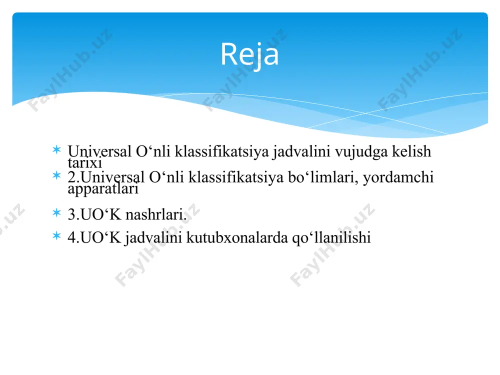 usselda tashkil qilingan xalqaro bibliografiya instituti (xbi) ning faoliyatiga bog‘langan. institut «universal bibliografik repertual», ya’ni barcha mamlakatlarda, barcha tillarda nashr etilgan fanning barcha sohalaridagi adabiyotlarninig bibliografik ko‘rsatkichini tuzishnio‘z oldiga maqsad qilib qo‘ygan edi. bunday ishni amalga oshirish xalqaro miqiyosda foydalanishga yaroqli bo‘lgan fanning barcha sohalarini qamrab oladigan mufassal klassifikatsion sistemani yaratishni talab etdi. xalqaro bibliografiya instituti (xbi) 1927 yildan boshlab xbi shuningdek, turli mamlakatlarda turli tillarda nashr etiladigan bu mustaqil ahamiyatga ega bo‘lgan, qayta ishlangan klassifikatsiya nashrlari (uo‘k) «universal o‘nlik klassifmkatsiya» nomini oldi. universal o‘nlik klassifikatsiyada o‘nlik klassifikatsiyaning asosiy qatori saqlab qolingan, biroq birinchi va ikkinchi bosqich indekslarining ko‘rinishi o‘zgartirilgan uch va ikki belgili indekslardan nollarni chiqarib tashlangan. universal o‘nlik klassifikatsiya indekslarini insoniyat bilimlari majmuini bir deb faraz qilib, o‘nli kasr tarzida tushunish kerak. indekslarni yaxshiroq idrok etish maqsadida har bir uch raqam keyingilaridan nuqta bilan ajratiladi. ilk 1905 yil bryuselda fransuz tilida nashr etilgan. 1927-1933 yillarda 2-qayta nashri fransuz …