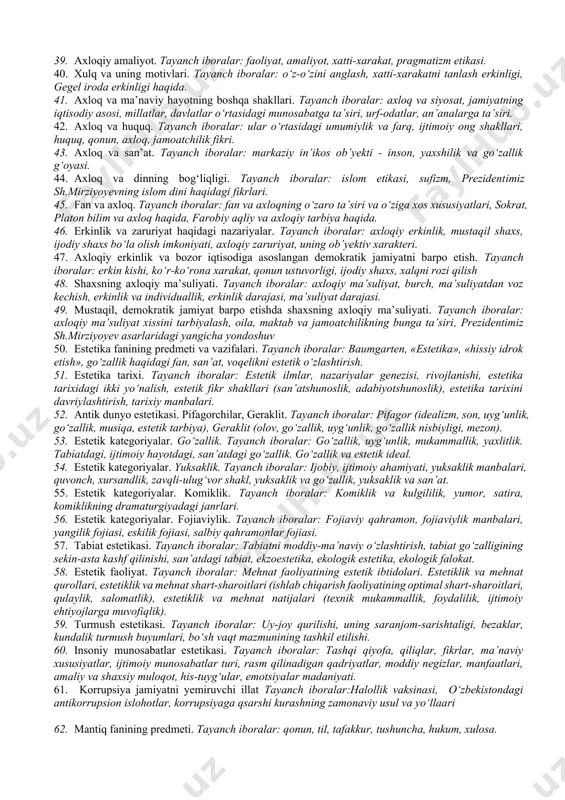 fkuraviy poligon». 21. o‘rta asrlarda dunyoviy bilimlar takomili. al-xorazmiy, al-farg‘oniy, farobiy, beruniy, ibn sinolarning ilmiy-falsafiy qarashlari. 22. bilim va bilish falsafiy taxlil mavzui sifatida. bilim va bilish, bilim-bilishning maqsadi hamda asosiy natijasi, bilish ob’yekti va sub’yekti, sub’yektning aktivligi va bilimning ob’yektivligi 23. temuriylar davri va urta asrlar falsafasi. amir temur, sarbadorlar, mustaqil davlat, «temur tuzuklari», taftazoniy, mirzo ulugbek, alisher navoiy, bobur mirzo. 24. inson bilimining asosiy bosqichlari. xissiy va aqliy bilish. xissiy bilish: sezgi, idrok, tasavvur, aqliy bilish: tushuncha, xukm, xulosa, intuitiv bilish. 25. o‘rta asrlarda yevropada falsafiy fikrlar taraqqiyotining asosiy xususiyatlari va yo‘nalishlari. gnostiklar, dualizm, patristika, sxolastika, realizm, p.abelyar, foma akvinskiy, nominalizm, vilg‘yam okkam, r.bekon. 26. ilmiy bilishning moxiyati va usullari. ilmiy bilish, umumiy va maxsus ilmiy bilish, bilishda empirizm va ratsionalizm, amaliy va nazariy tadqiqotning usullari va vositalari. 27. renessans davri falsafasi. uyg‘onish davri falsafasining asosiy xususiyatlari, j.bruno, n kopernik geliotsentrik nazariya, nikolay kuzanskiy, milliy davlatlar. milliy falsafiy …