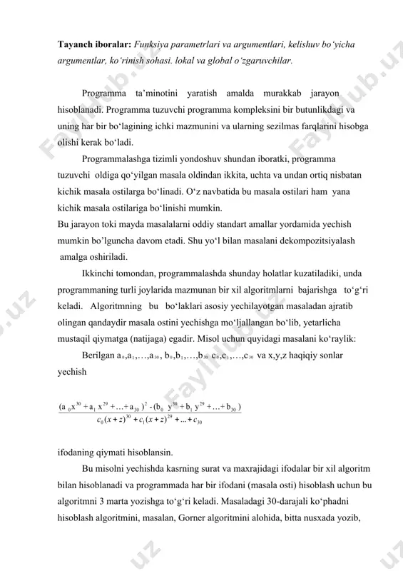 atini, ikkinchi safar b vektor va y qiymatini hamda c vektor va (x+z) qiymatlari bilan murojaat qilish asosiy masalani yechish mumkin bo‘ladi. funksiyalar qo‘llanishining yana bir sababini quyidagi masalada ko‘rishimiz mumkin – berilgan chiziqli tenglamalar sistemasini gauss, kramer, zeydel usullarining birortasi bilan yechish talab qilinsin. u holda asosiy programmani quyidagi bo‘laklarga bo‘lish maqsadga muvofiq bo‘lar edi: tenglama koiffitsentlarini kiritish bo‘lagi, yechish usulini tanlash bo‘lagi, gauss, kramer, zeydel usullarini amalga oshirish uchun alohida bo’laklar, natijani chop qilish bo‘lagi. har bir bo‘lak uchun o‘z funksiyadir majmuasi yaratib, zarur bo‘lganda ularga bosh funksiya tanasidan murojaatni amalga oshirish orqali bosh masala yechish samarali hisoblanadi. bunday hollarda programmani ixcham va samarali qilish uchun c++ tilida programma bo‘lagini alohida ajratib olib, uni funksiya ko‘rinishida aniqlash imkoni mavjud. funksiya bu – c++ tilida masala yechishdagi kalit elementlaridan biridir. funksiya parametrlari va argumentlari:[1(177-187), 3(51-56), 4(67-72)] programmada ishlatiladigan har qanday funksiya e’lon qilinishi kerak. odatda funksiyalar e’loni sarlavha fayllarda …