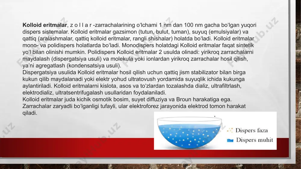 kollodiy va tsellofanlardan sun‘iy membrana tayyorlanadi. kolloid eritmani tozalash uchun, uni sun‘iy membrana xaltachasiga (1) solib, so’ngra suvli idishga (2) botiriladi. kolloid eritmadagi molekula va ionlar elektrolitlar parda orqali o’tib, suvda diffuziyalanib chiqib ketishi natijasida kolloid eritma tozalanadi. dializ usuli kolloid eritmalarni laboratoriya sharoitlarida tozalashda keng ishlatiladi. elektrodializ kolloid eritmalarni tozalashda eng qulay usul hisoblanadi. elektrodializ-elektr toki yordamida dializ jarayonini tez-lashtirishdir. ishlatiladigan asbob elektrodializator deb atalib, u uch qismdan iborat bo’ladi. 1-qismiga anod elektrod o’rnatiladi, ikkita membrana parda (4) bilan ajratilgan 2-qismga tozalanadigan kolloid eritma quyiladi, 3-kismiga katod elektrodi o’rnatiladi. asbobning doimo oqar suv quyiladi. elektrtoki utkazilganda kolloid eritmadagi manfiy ionlar anodga, musbat ionlar esa katodga tomon harakatlanadi. buning natijasida ionlarning membrana pardasi orqali o’tishi tezlashadi va ular elektrod qismlarda to’planib, oqayotgan suv bilan yuvilib chiqib ketadi. bu usul sanoatda jelatina va yelim olishda keng qullaniladi. teshiklarning o’lchami kolloid zarracha o’lchamlaridan kichik bo’lgan filtrlardan foydalanib, kolloid eritmani elektrolitlardan tozalash mumkin. …
