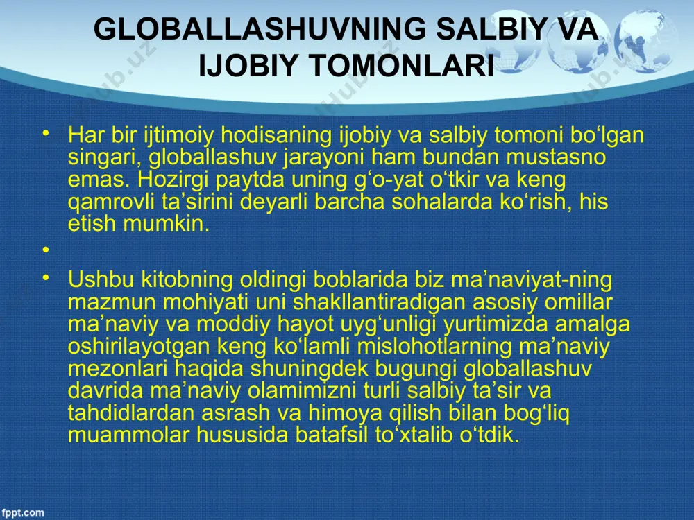 tizimidir. har qaysi xalq yoki millatning ma`naviyatini uning tarixi, o`ziga xo surf-odat va an`analari, hayotiy qadriyatlaridan ayri holda tasavvur etib bo`lmaydi. shu nuqtayi nazardan qadimiy va go`zal diyorimiz nafaqat sharq, balki jahon sivilizatsiyasi beshiklaridan biri bo`lganini xalqaro hamjamiyat tan olmoqda va e`tirof etmoqda, ularni asrab-avaylash borasida ham doimiy ravishda hamkorlik qilmoqdalar. demak, hozirgacha qadriyatlar falsafasiga globallashuv jarayonlarining o`ta shiddatli tarzda yoshlarimiz ongiga turli yot g`oya va qarashlarning kirib kelishi ularning qalbida toshbag`rlik, zo`ravonlik, axloqsizlik kabi illatlar jonlanishining oldini olish uchun nihoyatda zarurdir. bugungi kunda zamonaviy axborot maydonidagi harakatlar shu qadar tig`iz, shu qadar tezkorki, endi ilgarigidek, ha, bu voqea bizdan juda olisda yuz beribdi, uning bizga aloqasi yo`q, deb beparvo qarab bo`lmaydi. ana shunday kayfiyatga berilgan xalq yoki millat taraqqiyotdan yuz yillar orqada qolib ketishi hech gap emas. globallashuv jarayonining yana bir o`ziga xos jihati shundan iboratki, hozirgi sharoitda mafkuraviy ta`sir o`tkazishning nihoyatda o`tkir quroliga aylanib, har xil siyosiy kuchlar …