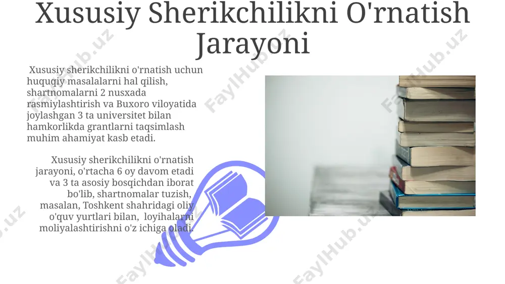 nomalar tuzish, masalan, 5 yillik muddatga mo’ljallangan va 10 million aqsh dollar miqdoridagi mablag’ni jalb qiluvchi shartnoma, toshkentdagi oliy o‘quv yurtlari bilan. samarali hamkorlik uchun aniq maqsadlar va o’lchov ko’rsatkichlarini belgilab olish muhim, masalan, 3 yil ichida talabalarning 20% ga ko’payishi va bitiruvchilarning 80% ish bilan ta’minlanishi kabi natijalarga erishish. oliy ta'limda xususiy sherikchilikni rivojlantirishning afzalliklari oliy ta'lim muassasalarining 2023-yilgi byudjetini 30% ga oshirishga yordam beradigan xususiy sherikchiliklar, samarqanddagi it parklari bilan hamkorlikda innovatsion loyihalarni amalga oshirish imkoniyatini yaratadi. xususiy sektorning 5 million dollarlik investitsiyasi natijasida toshkentdagi universitetda zamonaviy laboratoriyalar qurilishi va 100 dan ortiq yangi ish o'rinlari yaratilishi mumkin. e'tiboringiz uchun rahmat @taqdimot_robot image4.jpg image5.jpg image6.jpg image7.jpg image8.jpg image9.jpg image10.jpg image11.jpg image12.jpg image1.jpeg image2.jpeg image3.jpeg