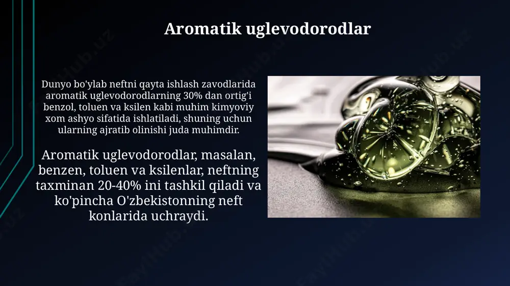 ida 10% dan ortiq fenollar, naftollar va kislotalar bo'lishi, ayniqsa, o'zbekistonning g'arbiy qoraqalpog'iston hududlaridagi neft konlarida kuzatiladi. gazlarning tarkibi o'zbekistonning “muruntau” konida qazib olinadigan gazlar tarkibida metan (ch₄) 90% dan ortiq, etan (c₂h₆) esa 5% atrofida bo'lishi mumkin. surxondaryo viloyati gaz kondensati yotqizig'ida propandan (c₃h₈) tashqari, butan (c₄h₁₀) va pentan (c₅h₁₂) kabi og'ir uglevodorodlar ham 15-20% ni tashkil qilishi mumkin. neftning kimyoviy tarkibi o'zbekiston neftlarida parafin miqdori 1% dan 20% gacha o'zgarib turadi va bu ko'rsatkich neftning qaynoq harorati va fraksiya tarkibini aniqlashda muhim ahamiyat kasb etadi. bundan tashqari, oltingugurt miqdori 0,5% dan 3% gacha farq qiladi. neft tarkibidagi aromatik uglevodorodlarning miqdori 15-40% ni tashkil qiladi va ularning turi va miqdori neftning sifatini va qayta ishlash jarayonlarini belgilaydi. masalan, fergana vodiysidagi neftlarning aromatik uglevodorodlar tarkibi boshqa hududlardan farq qiladi. neftning sanoatdagi qo'llanilishi dunyoning turli mamlakatlarida, jumladan, rossiya va qozog'iston kabi qo'shni davlatlarda neftdan olingan polimerlar 20% dan ortiq bo'lgan plastik …