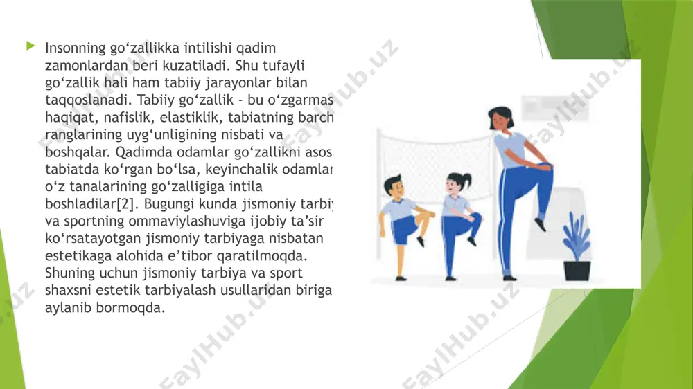 yati turlari va jismoniy madaniyatni estetik nuqtayi nazardan ifodalovchi ong qonunlari sifatida e’tirof etiladi. estetik tarbiya va jismoniy tarbiya o‘rtasidagi bog‘liqlik bir holatda jismoniy tarbiya tufayli shaxsga estetik ta’sir doirasi kuchayishi bilan bog‘liq bo‘lsa, boshqa holatda estetik tarbiya yordamida jismoniy tarbiyaning ta’siri ta’limda hissiy jihatlarni va jismoniy tarbiya bilan shug‘ullanish uchun motivatsiyani o‘z ichiga olgan holda yaxshilanadi. jismoniy tarbiya va estetik tarbiya o‘rtasidagi ichki munosabatlar zamonaviy jamiyatda shaxsni tarbiyalash va jismoniy qadr-qimmat estetik standartning bir qismi sifatida asosiy maqsadga asoslanadi turli jismoniy mashqlarni bajarishda estetik tarbiyaning o‘ziga xos vazifalariga quyidagilar kiradi: - jismoniy tarbiya va sport bilan bog‘liq estetik did, tushuncha va tuyg‘ularni rivojlantirish; - inson tanasi va uning harakatlariga, ichki va tashqi go‘zalligiga to‘g‘ri estetik baho berishni shakllantirish; - insonning barkamol rivojlanishi maqsadiga erishish asosida jismoniy takomillashtirish jarayonini tushunish; - sport tadbirlari ishtirokchilari va ularning atrofidagi harakatlarida go‘zallikni aniqlash, sport an’analarida nafislikni topish qobiliyatini rivojlantirish. estetik tarbiya jarayonida odamda …