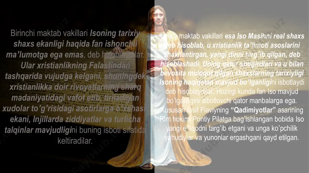 m-katolik cherkoviga hamda markazi konstantinopol bo’lgan sharqdagi pravoslav cherkoviga bo’linib ketgan. pravoslavlik tarixan xristianlikning sharqiy yoʼnalishi sifatida shakllandi. аsosan sharqiy yevropa, yaqin sharq va bolqon yarim orolida joylashgan mamlakatlarda tarqalgan. nomlanishi (yunoncha orthodoxia – “toʼgʼri eʼtiqod” tushunchasining rus tiliga tarjimasida – pravoslavlik) ilk bor ii asrda xristian mualliflari asarlarida uchraydi. uning marosimlari, aqidalari va taʼlimoti u hukmron davlat dini boʼlgan vizantiyada iv–xi asrlarda shakllandi. pravoslavlik yo‘nalishi xristianlikda eʼtiqod qiluvchilar soni jihatidan katolik (1,25 milliard) va protestantlik(800 million)dan keyin uchinchi oʼrinni egallab turadi. hozirda dunyo boʼyicha pravoslavlikka tahminan 225 million inson eʼtiqod qiladi. unda 15 ta avtokefal (αὐτοκεφαλία) va 4 ta avtonom maqomga ega pravoslav cherkovlari mavjud. mazkur cherkovlar umumxristian ahamiyatiga molik masalalarni hal etishda bir-birlari bilan fikr almashib turadilar. katoliklik xristianlik dinining eng yirik yoʼnalishi hisoblanadi. “katolik” soʼzi butun jahon, butun dunyo (umumiy, dunyoviy) degan maʼnoga ega. bu yoʼnalish asosan gʼarbiy, janubiy–gʼarbiy va markaziy yevropa, pribaltika, ukraina va belorussiyaning gʼarbiy …