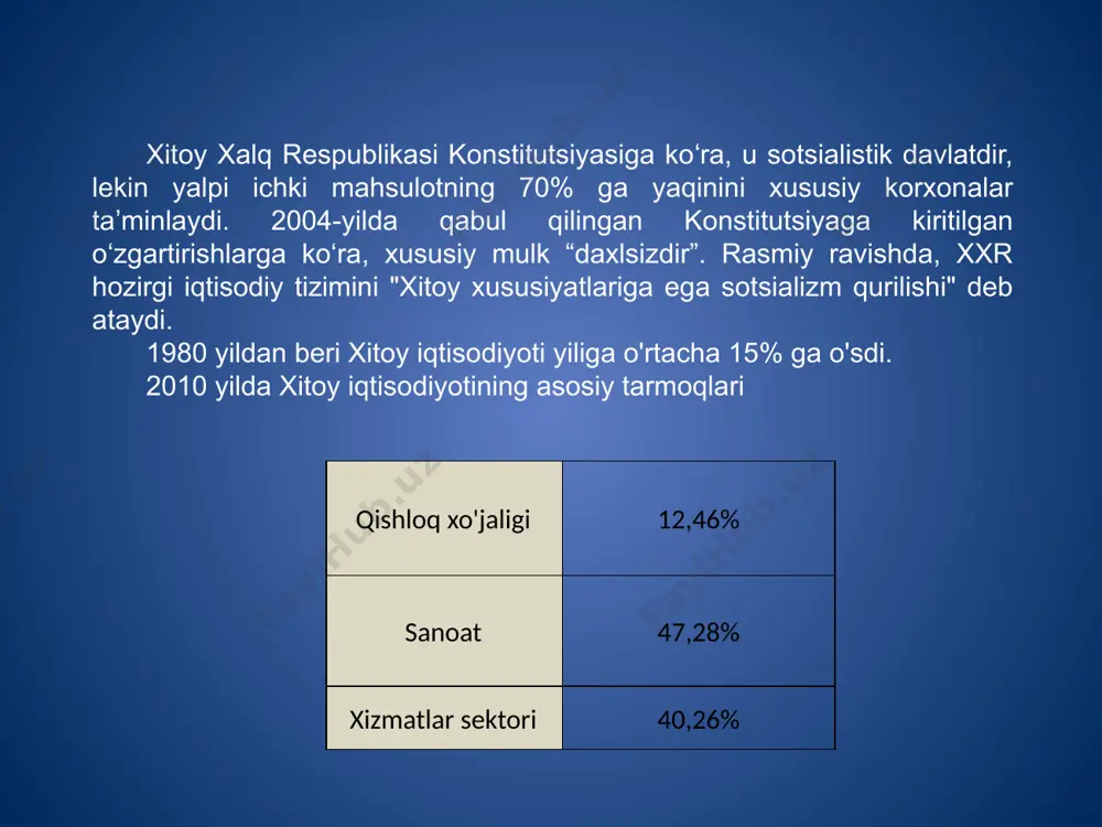 ning shahar va tumanlarida yangi ish bilan ta’minlangan fuqarolar soni 7,25 million kishini tashkil etdi. bu o‘tgan yilga nisbatan 310 mingga ko‘pdir. xitoy hukumatining rejalariga ko'ra, 2013 yilda osmon imperiyasida shaharlardagi yangi ish bilan band aholi soni 9 million kishidan oshadi. rasmiylar shaharlarda ro'yxatga olingan ishsizlik darajasini 4,6% darajasida ushlab turish niyatida. (% da) (million kishida) 12 ish haftasining davomiyligi umumiy qoida sifatida, xxr sakkiz soatlik ish kunidan foydalanadi, lekin ba'zi hollarda ish kunini uzaytirish mumkin (ishchilarni qo'shimcha ishlarga jalb qilish). masalan, xitoy xalq respublikasining mehnat to‘g‘risidagi qonunining 41-moddasiga muvofiq, ish beruvchi kasaba uyushma organi va ishchi kuchi bilan kelishilgan holda, zarurat tug‘ilganda kunlik ish vaqtini bir soatga oshirishga haqli. ish beruvchining faoliyatining xususiyatidan kelib chiqqan holda ish vaqtini uzaytirish. ish kunidagi ish vaqtidan tashqari ish haqi odatdagi ish haqining 150% miqdorida to'lanadi; dam olish kunlarida (agar dam olish kuni qoplanmagan bo'lsa) - oddiy ish haqining 200 foizi; ishlamaydigan bayramlarda …