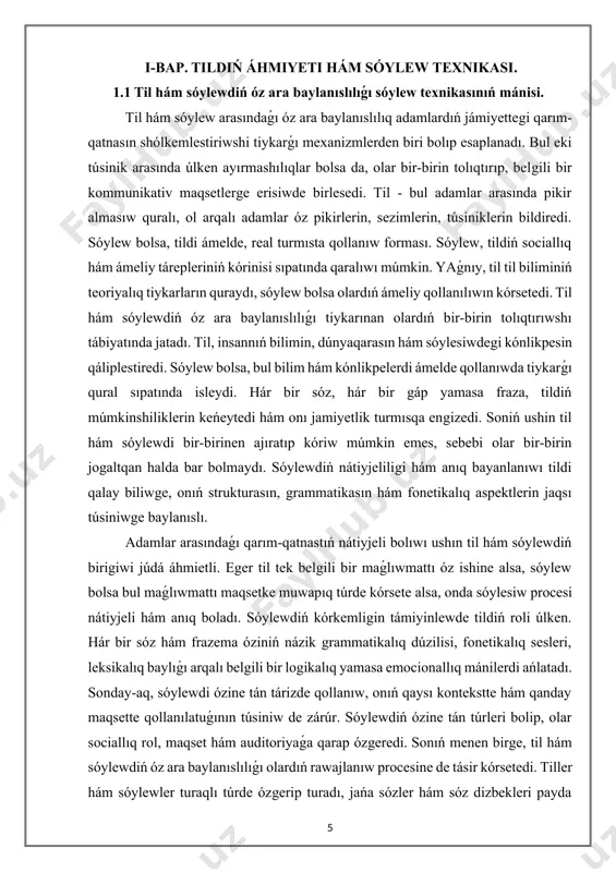 órsete alsa, onda sóylesiw procesi nátiyjeli hám anıq boladı. sóylewdiń kórkemligin támiyinlewde tildiń roli úlken. hár bir sóz hám frazema óziniń názik grammatikalıq dúzilisi, fonetikalıq sesleri, leksikalıq baylıǵı arqalı belgili bir logikalıq yamasa emocionallıq mánilerdi ańlatadı. sonday-aq, sóylewdi ózine tán tárizde qollanıw, onıń qaysı kontekstte hám qanday maqsette qollanılatuǵının túsiniw de zárúr. sóylewdiń ózine tán túrleri bolip, olar sociallıq rol, maqset hám auditoriyaǵa qarap ózgeredi. sonıń menen birge, til hám sóylewdiń óz ara baylanıslılıǵı olardıń rawajlanıw procesine de tásir kórsetedi. tiller hám sóylewler turaqlı túrde ózgerip turadı, jańa sózler hám sóz dizbekleri payda boladı, eski sózler bolsa umıtıladı yamasa jańa mánige iye boladı. bul process jámiyettegi mútájlikler, texnologiyalıq jetiskenlikler, sociallıq ózgerisler hám basqa da kóplegen faktorlarǵa baylanıslı. til hám sóylewdiń ózgeriwi hám rawajlanıwı ádette kóp waqıt dawamında júz beredi, biraq geyde tez ózgerisler de baqlanadı, ásirese texnologiyanıń rawajlanıwı menen baylanıslı halda. máselen, internet hám sociallıq tarmaqlardıń keń tarqalıwı jańa sózler …