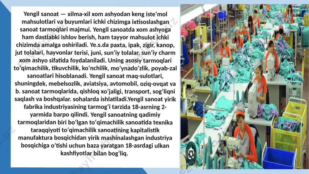 toʻquv fabrikalari ishga tushirildi. respublikada yengil sanoatning eng yangi sohasi boʻlgan chinni va fayans buyumlari toshkent (1952), samarqand (1970), kuvasoy (1978) chinni zavodlari, angren keramika kombinati (1967)da ishlab chiqariladi. oʻzbekistonning mustaqillikka erishishi bilan yengil sanoat tarmoqlari yangi sifat bosqichiga koʻtarildi. respublika hukumati qaroriga koʻra tarmoqdagi deyarli hamma korxonalar davlat tasarrufidan chiqarish dasturiga koʻra ochiq turdagi aksiyadorlik jamiyatlariga va mulkchilikning boshqa shakllariga aylantirildi. 1991-yilda respublika yengil sanoati vazirligi tugatilib, uning negizida majmuada davlat boshqaruvini amalga oshiradigan, yengil sanoat mahsulotlari ishlab chiqaradigan davlat uyushmasi — "oʻzbekengilsanoat", 1998-yil 30 martda pillachilik va ipakchilik tar-moklariga rahbarlikni amalga oshiradigan "oʻzbek ipagi" uyushmasi tashkil qilindi 2000-yil 4 martda koʻn-poyabzal sanoati korxonalari "oʻzbekcharmpoyabzal" uyushmasiga birlashdi. 1991—2000-yillarda tarmoq boʻyicha 22 loyiha amalga oshirildi, jumladan koreya respublikasining "kabul tekstaylz" firmasi ishtirokida toshkent va toʻytepa shaharlarida joylashgan "kabul-oʻzbek ko" (quvvati yiliga 47,0 ming t yigirilgan paxta ip va 24 mln. m gazlama), fargʻona toʻqimachilik kombinatini qayta jihozlash asosida "kabul fargʻona …