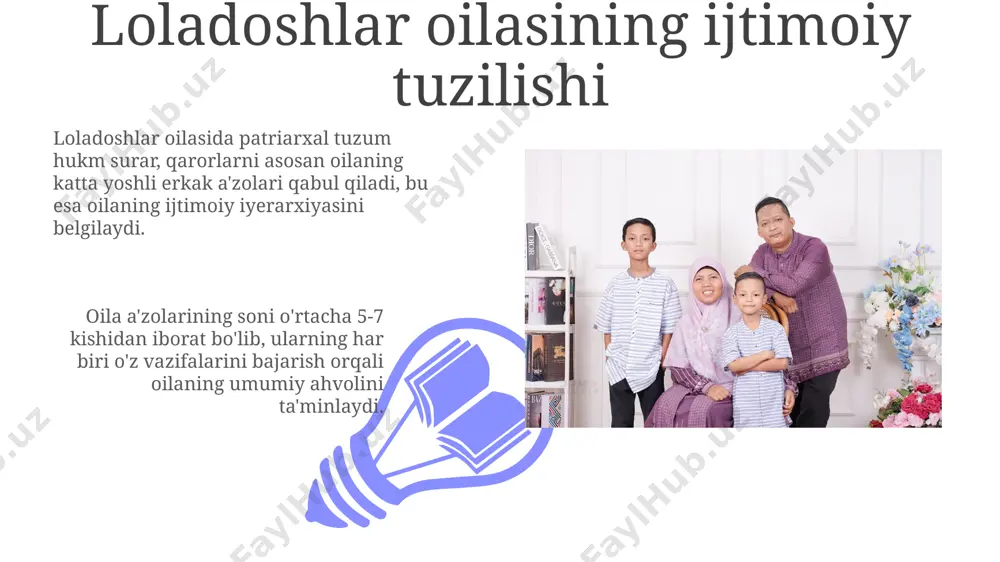 ta boylik kelganligi aytiladi. loladoshlar oilasining muammolari oilaning katta yoshdagi a'zolari, ayniqsa, 65 yoshdan oshganlar, sog'liqni saqlash xizmatlariga kirishda qiyinchiliklarga duch kelishadi va bu ularning hayot sifatini pasaytiradi. loladoshlar oilalarida bolalar tarbiyasi masalasida, xususan, 10 yoshgacha bo'lgan bolalarni tarbiyalashda avlodlar o'rtasida fikrlarning nomuvofiqligi va tarbiya uslublaridagi farqlar kuzatiladi. loladoshlar oilasi bilan bog'liq tadqiqotlar 01 02 so'nggi 5 yil ichida amalga oshirilgan ijtimoiy-iqtisodiy tahlillar loladoshlar oilasi a'zolarining ta'lim darajasi va kasbiy faoliyatini o'rganib, 70%dan ortig'i o'rtacha darajadan yuqori turmush tarziga ega ekanligini ko'rsatdi. sales 1st qtr 2nd qtr 100 0 sales 1st qtr 2nd qtr 100 0 e'tiboringiz uchun rahmat @taqdimot_robot image4.jpg image5.jpg image6.jpg image7.jpg image8.jpg image9.jpg image10.jpg image11.jpg image12.jpg image13.jpg image14.jpg image15.jpg image1.jpeg image2.jpeg image3.jpeg