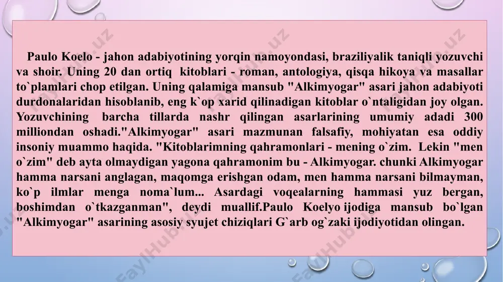shasan, chunki shunday istak olam qalbida ham yaraladi. bu sening yerdagi nasibangdir. teologik (diniy) nazariyalarga murojaat qiladigan bo‘lsak ham ularda inson doim yaxshi niyat qilishi, tinmay harakat qilishi va yaratgandan so‘rashi lozimligi, natijada o‘z orzusiga erishishi mumkinligi haqida aytiladi. yozuvchi bu suhbat orqali doim orzu yo‘lida harakatni davom ettirishni tavsiya qiladi. alkimyogar asarini o`qir ekanmiz santiyogoning monolog yoki dialoglardan jumboqli jumlalar va sharq falsafiy qarashlari ko`p uchraydi. portret va personaj tasvirining qahramon psixologiyasi, kayfiyatiga hamohang ravishda aks ettirilganligi : asardagi qaroqchilar sardori timsoli o’z taqdiri uchun kurashmaydigan insonlar ramzi sifatida berilgan. santyago timsoli orqali esa , ”peshonamda bori shu ” deb o’tirmay , o’zi uchun , oilasi uchun , eli , yurti uchun ezgu ishlar qilib , oldinga intilib , izlanishda bo’lish kerakligini aytib o’tgan. yana bu timsol orqali barchani ko’p tilni bilishga chaqiradi. muallif va personaj nutqining o‘ziga xos xususiyatlari. paulo o‘z fikrlarini asar obrazlarining o‘zaro suhbatlari orqali tasvirlab …