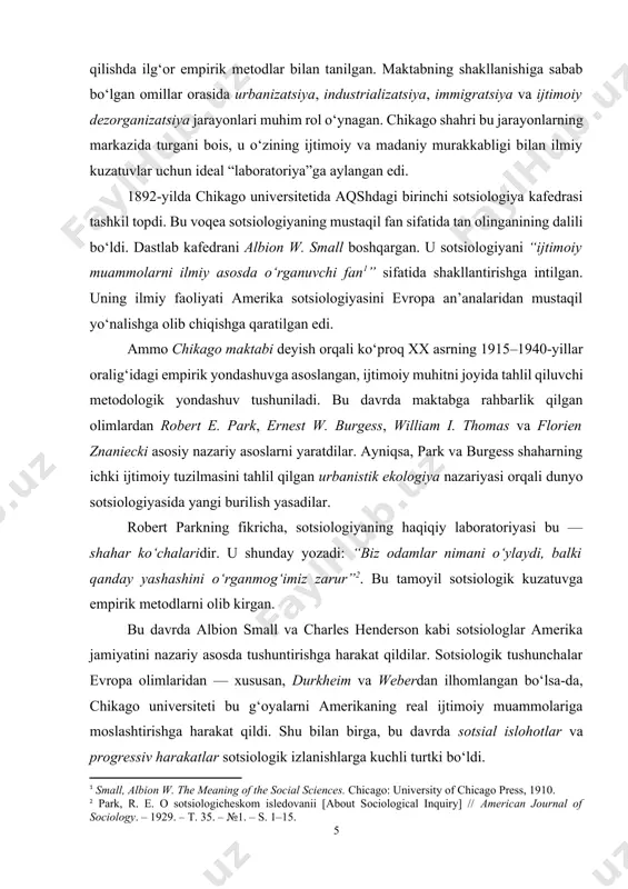ar va progressiv harakatlar sotsiologik izlanishlarga kuchli turtki bo‘ldi. aynan mana shu davr chikago sotsiologiya maktabining eng faol va barakali davri hisoblanadi. robert park va ernest burgess tomonidan ishlab chiqilgan shahar ekologiyasi modeli bu davrning asosiy nazariy merosi bo‘ldi. ularning 1925-yilda chop etilgan mashhur asari — “the city” — shaharni ijtimoiy ekologik tizim sifatida tahlil qiladi. ular shaharning ijtimoiy tuzilmasini koncentrik zonalar asosida tushuntiradilar. bu modelga ko‘ra, shahar bir necha halqa zonalarga bo‘lingan bo‘lib, har bir zonaning o‘ziga xos ijtimoiy holati mavjud. markaziy zona — tijorat va sanoat hududi, undan keyin esa “o‘tish zonasi”, ya’ni ko‘p hollarda jinoyatchilik va ijtimoiy beqarorlik darajasi yuqori bo‘lgan joylar keladi. bu g‘oya sotsiologik muhitni makon bilan bog‘lashning ilk namunasi edi. ernest burgess o‘zining “urban ecology” modelida shunday yozadi: “shahar — bu tabiiy tarzda tashkil topgan ijtimoiy laboratoriya bo‘lib, u insonlarning joylashuvi va harakati orqali o‘zgaradi[footnoteref:3]”. [3: park, r. e., burgess, e. w. the city: …