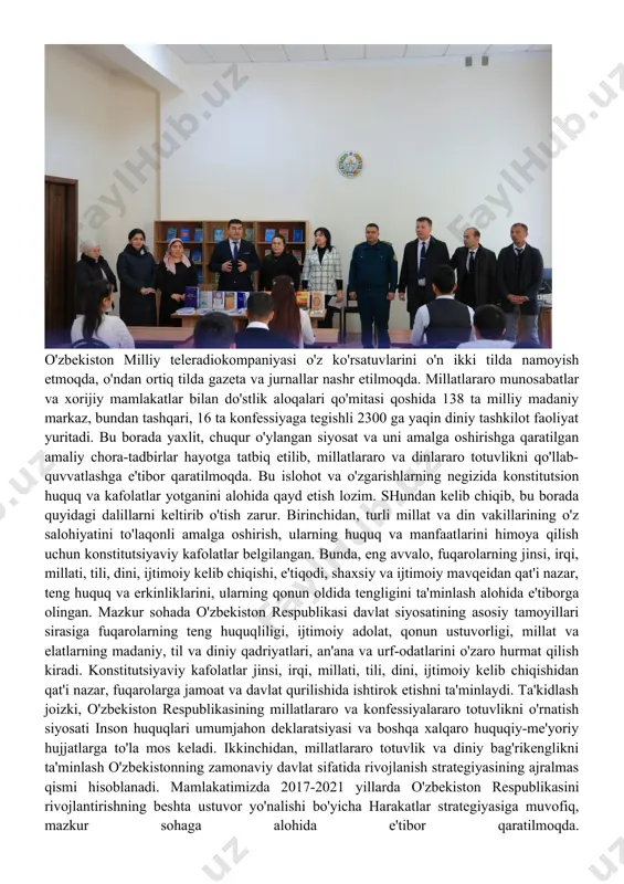 aqalarda millatlararo va konfessiyalararo ziddiyatlar kuchayayotganiga guvoh bo'lmoqdamiz. shu bois, boshlangan islohotlarni izchil davom ettirish uchun birdamlikni saqlash muhim ahamiyatga ega. o'zbekistonda aholining ko'p millatli bo'lishiga ijtimoiy-iqtisodiy rivojlanishning qulay omili sifatida qaralmoqda. ijtimoiy va iqtisodiy barqarorlikni saqlash, dinlararo va millatlararo munosabatlarni uyg'unlashtirish hisobiga xalqaro maydonda o'zbekistonning obro'si oshib bormoqda. xususan, mamlakatimizdagi davlat ta'lim muassasalarida o'qitish etti tilda olib boriladi. o'zbekiston milliy teleradiokompaniyasi o'z ko'rsatuvlarini o'n ikki tilda namoyish etmoqda, o'ndan ortiq tilda gazeta va jurnallar nashr etilmoqda. millatlararo munosabatlar va xorijiy mamlakatlar bilan do'stlik aloqalari qo'mitasi qoshida 138 ta milliy madaniy markaz, bundan tashqari, 16 ta konfessiyaga tegishli 2300 ga yaqin diniy tashkilot faoliyat yuritadi. bu borada yaxlit, chuqur o'ylangan siyosat va uni amalga oshirishga qaratilgan amaliy chora-tadbirlar hayotga tatbiq etilib, millatlararo va dinlararo totuvlikni qo'llab-quvvatlashga e'tibor qaratilmoqda. bu islohot va o'zgarishlarning negizida konstitutsion huquq va kafolatlar yotganini alohida qayd etish lozim. shundan kelib chiqib, bu borada quyidagi dalillarni keltirib …