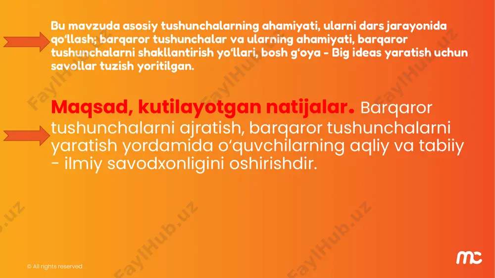 y va texnologik yutuqlar tabiiy resurslar muammolar, xavf-xatarlar ©️ all rights reserved mavzu yoki kontent standarti haqida savollar bering. nima sababdan o‘rganish kerak.qaysi kengroq tushuncha , masala va muammo asosida agar tushunmasak nimalarni amalga oshira olmaymiz. o‘rganishni universal qiladigan narsa nima? bu g‘oyalar: xilma-xillik, munosabat, sistema, tuzilma, sikllar, rivojlanish bo‘lishi mumkin. xulosa ©️ all rights reserved • xulosa o‘rnida shuni takidlash kerakki, o‘quvchi olgan bilim va ko‘nikmalarini hayoti davomida qo‘llay olishi bilan bir qatorda tadbiq qila olishi ham kerak. • barqaror tushuncha - vaqtinchalik xotiraga emas balki vaqt ta’sir qilmaydigan darajadagi ilmiy tushuncha deb qaralishi kerak. • ilmiy g‘oya - bu ilmiy jarayon yordamida aniqlangan narsaning qanday ishlashini yoki dunyoning ba'zi jihatlari haqidagi haqiqatni tushuntirish. ilm - bu ma'lumotlarni to‘plash va tajribalar qilish orqali dunyoni qanday tushunishimiz. bizning dalillarimiz takomillashgani sari ilmiy g‘oyalar vaqt o‘tishi bilan takomillashib boradi. • bosh g‘oya - bu o‘quvchilar butun o‘rganish davomida bir butun sifatida …