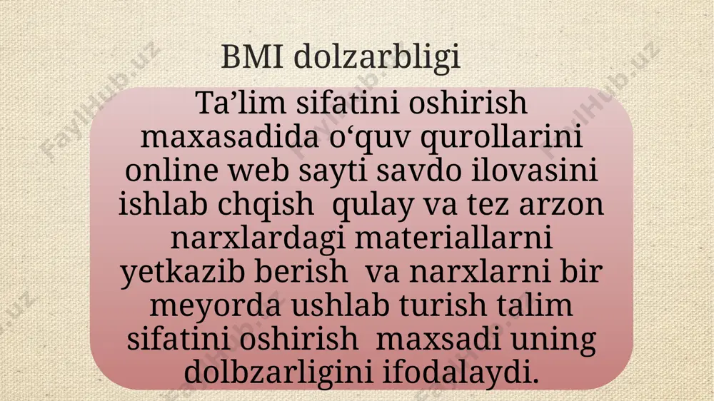 ning mantiqiy tuzilishi onlayn do‘konning asosiy vazifalari: tovar katalogini ko‘rish; mahsulotlarni tanlangan katalogda ko‘rish; tovarlarni nomi bo‘yicha qidirish; tanlangan mahsulotni aravachaga qo‘shish; aravaga qo‘shilgan tovar miqdorini o‘zgartirish; mahsulotni aravachadan o‘chirish; qayta ishlash xandaqini bo‘shatish; shaxsiy ma'lumotlarni kiritgandan so‘ng buyurtmani bajarish. dasturlash jarayoni foydalanuvchi uchun yangi tovarlar olishi uni savatchaga qoyishi uchun funksiyalar yaratish iii bob “o‘quv qurollarining onlayn savdosi” web ilovasini loyihaga kiritish 3.1 onlayn do‘konning rang sxemasi 3.2 onlayn do‘konni rivojlantirish 3.3 onlayn do‘konni sinovdan o‘tkazish mahsulot qo‘shilishi sahifasi asosiy sahifa kontaktlar sahifasi 3.3 onlayn do‘konni sinovdan o‘tkazish xaridor tomonidan onlayn do‘konni sinovdan o‘tkazish quyidagi parametrlarga muvofiq amalga oshirildi: web-saytning barcha sahifalari mavjudligi; internet-saytning barcha majburiy funksiyalari amal qilishi; fikr bildirish shaklining amal qilish qobiliyati; gipermurojaatlarni tekshirish, ishlamaydigan bog‘lanishlarni qidirish; taqdim etilgan asl materiallarga internet sayt sahifalarining mazmunining yozishmalarini ko‘rish. iv hayot faoliyati xavfsizligi. ekologiya 4.1 mikro iqlim ko‘rsatgichlari 4.2 favqulodda vaziyatlar va ularning oqibatlarini bartaraf etish 4.3 toshkent …