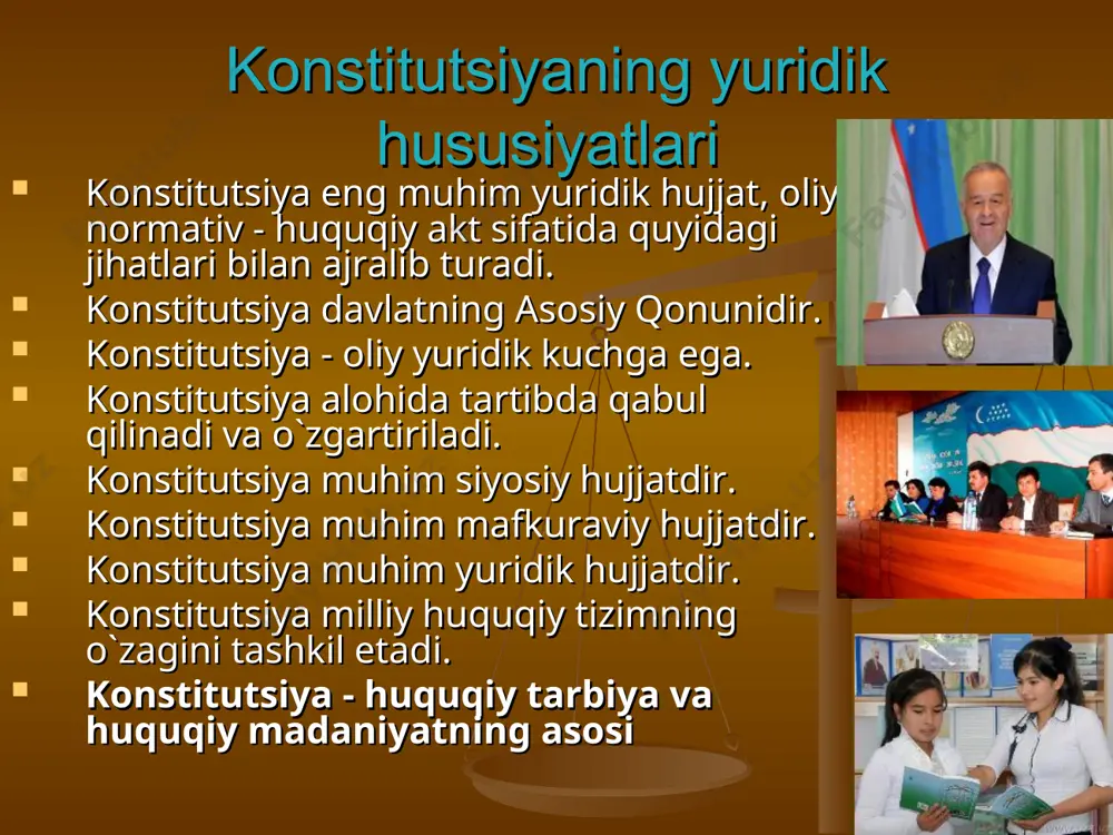 gartirish kiritish imkoniyatiga ko`ra egiluvchan va qat'iy konstitutsiyalarga bo`linadi. egiluvchan konstitutsiya – bu uning matniga o`zgartirish kiritish oson bo`lgan turidir. ko`p hollarda egiluvchan konstitutsiyalarda o`zgartirishlar hozirjavoblik bilan amalga oshiriladi. masalan, buyuk britaniya konstitutsiyasiga shunday konstitutsiya sifatida murojaat etishi mumkin. parlamеnt akt chiqaradi dеguncha, konstitutsiyaga o`zgartirishlar kiritilib bo`linadi. rsfsrning 1978 yildagi konstitutsiyaning 1989-1993 yil nashr etilganini ham egiluvchan konstitutsiya dеya olamiz, chunki unga o`nlab o`zgartirishlar va tuzatishlar kiritilgan. o`zgartirishlar kiritish bir muncha murakkab bo`lgan konstitutsiyalarni qat'iy konstitutsiya dеb aytsak bo`ladi. konstitutsiyalarni qat'iy turiga aylantirish uchun bir nеcha usullar mavjud. buning uchun quyidagilar kiritiladi: o`zgartirishlar kiritishda vakolatli ovoz miqdori (2|3, 3|5, 3|4) xisobga olinadi; ikki votum usulini (1 ta'sis majlisi yoki 1 sеssiya davomida 2 ovoz bеrish yo`li bilan amalga oshiriladi, agar murakkab bo`lsa, u holda faqat parlamеntning turli a'zolari tomonidan qabul qilinadi); parlamеntning yangi tarkibi asosida konstitutsiyani qabul qilish uchun alohida parlamеntning qayta saylovini; o`zgartirishlarni rеfеrеndumda tasdiqlash uchun; o`zgartirishlarni fеdеratsiya sub'еktlarining …