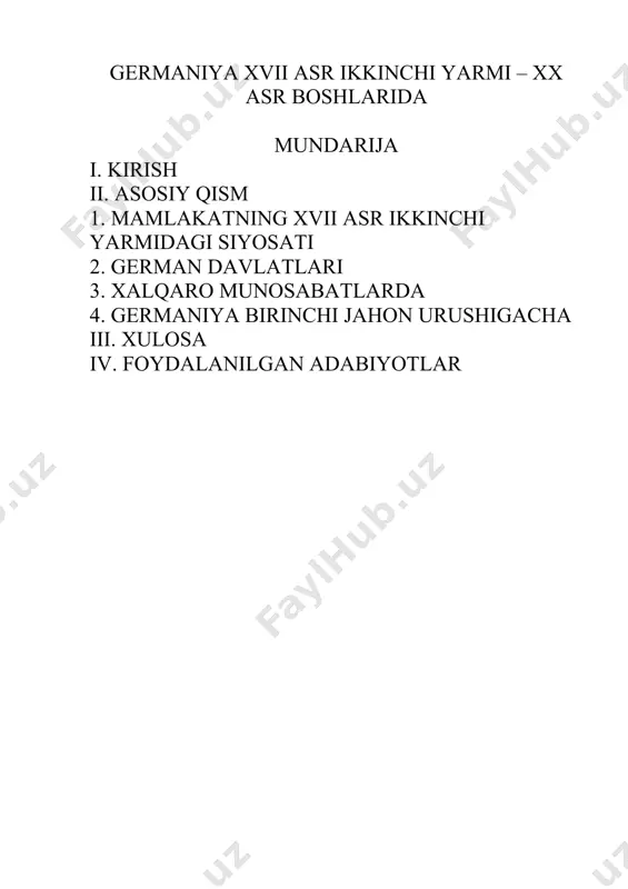 sh orzusidagi bu davlatlar aslida shunday maqomga loyiq yo loyiq emasligini o'rganish, iqtisodiy, harbiy salohiyatini bilish bu mavzuning asosiy qismini tashkil etishi lozim. kurs ishining maqsad va vazifalari. germaniyaxvii-xx asrlarda diplomatiyasi tarixini va o'sha davrdagi yevropa davlatlarining turli sohadagi olib borgan ishlarini, xalqaro miqyosdagi bir-biri bilan olib borgan diplomatik va hamkorlik aloqalarini, xix asr oxiri- xx asr boshlaridagi dunyoning ijtimoiy-iqtisodiy va siyosiy manzarasini imkon qadar o'rganishdir. kurs ishining xronologik davri xvii asrning 60-yillari oxiri- xx asr boshlarida dunyoning ijtimoiy-iqtisodiy va siyosiy manzarasi ochib berishdan iborat. 1. mamlakatning xvii asr 2-yarmidagi siyosiy va ijtimоiy-iqtisоdiy ahvоli. buyuk gеоgrafik kashfiyotlar natijasida savdо yo’llarining o’zgarib kеtishi gеrmaniyaning iqtisоdiy taraqqiyotiga yomоn ta’sir ko’rsatdi, nеmis savdо-sоtig’i inqirоzga yuz tutdi. gеrmaniya tоbоra agrar mamlakatga aylanib bоrmоqda edi. gеrmaniyada hukmrоnlik qilayotgan gabsburglar ispaniyadagi hukmrоn gabsburglar bilan qarindоsh-urug’ edilar. ular birgalikda dunyoga hоkim bo’lishga intilardilar va qo’shni davlatlarga nisbatan agrеssiv siyosat yurgizar edilar. bu bilan ular bir qancha yevrоpa …