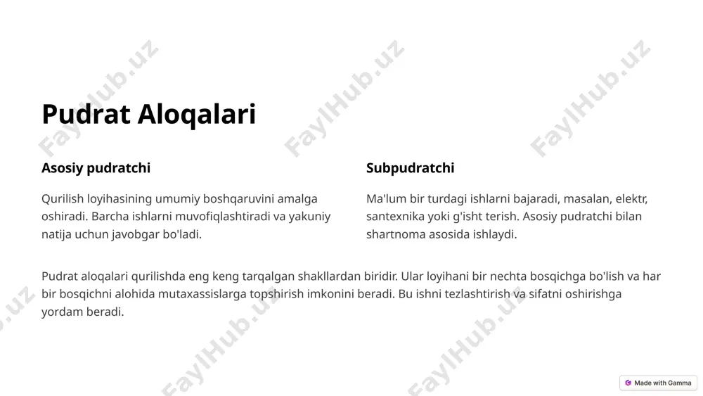 atlarni nazorat qiladi. loyihaning muvaffaqiyatli yakunlanishi uchun javobgar. mehnat aloqalari qurilish jarayonining asosiy qismidir. ishchilar, ustalar va loyiha menejerlari birgalikda ishlaydi, loyihaning muvaffaqiyatli yakunlanishini ta'minlaydi. 8 jamiyat bilan aloqalar mahalliy aholi qurilishning ta'sirini his qiladi, shovqin va noqulayliklarga duch kelishi mumkin. aholi bilan muloqot qilish, ularning ehtiyojlarini hisobga olish muhim. 1 nodavlat tashkilotlar atrof-muhitni himoya qilish, ijtimoiy masalalarni ko'tarish. qurilishning ekologik ta'sirini minimallashtirish uchun hamkorlik qilish muhim. 2 ommaviy axborot vositalari qurilish haqida ma'lumot tarqatadi, jamoatchilik fikrini shakllantiradi. ochiqlik va shaffoflikni ta'minlash muhim. 3 jamiyat bilan aloqalar qurilishning ijtimoiy va ekologik ta'sirini minimallashtirish uchun muhimdir. mahalliy aholi, nodavlat tashkilotlar va ommaviy axborot vositalari bilan muloqot qilish, ularning ehtiyojlarini hisobga olish lozim. 9 qurilishda raqamli aloqalar 1 bim binoning virtual modelini yaratish, loyihalash xatolarini kamaytirish. 2 bulutli texnologiyalar loyihaning barcha ishtirokchilari uchun ma'lumot almashish platformasini ta'minlash. 3 mobil ilovalar qurilish maydonida ma'lumot to'plash, vazifalarni boshqarish va hisobot berishni osonlashtirish. raqamli texnologiyalar …