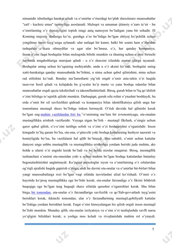 va oilaviy hayotga tayyorgarlik; · ijtimoiy mas’uliyatni o’z zimmasiga olish istagining paydo bo’lishi vategishli xulq-atvorni rivojlantirish; · hayotda yo’naltirilishi mumkin bo’lgan qadriyatlar va axloqiy tamoyillartizimini egallash, ya’ni,o’z mafkurasini shakllantirish. identifikatsiyaning ba’zi jihatlarini shakllantirish boshqalarga qaraganda osonroq. qoidaga ko’ra, birinchi navbatda tana va jinsiy o’ziga xoslik belgilanadi. kasbiy, mafkuraviy va axloqiy o’ziga xoslik ancha sekinroq shakllanadi: bu jarayon o’smirning kognitiv rivojlanishida rasmiy operativ fikrlash bosqichiga yetib kelganligiga bog’liq. diniy va siyosiy qarashlar biroz kechroq shakllanadi, ammo o’ziga xoslikning bu tarkibiy qismlariuzoq yillar davomida o’zgarishi mumkin. o’smirlik davrining xususiyatlarini o’rganishga qaratilgan ko’pgina tadqiqotlar shuni ko’rsatadiki, bolaning balog’atga etishi bilan, taxminan 12-13 yoshda, uning o’ziga bo’lgan munosabati buziladi, uning ichki dunyosiga faol qiziqish paydo bo’ladi. o’smir tobora o’zini o’zi haqidagi fikrlarga o’girilib boradi. l.s.vigotskaya o’smirlikning bu xususiyatini ego-dominant yoki egosentrik munosabat deb belgilagan, bu o’smirning shakllanayotgan shaxsi uning diqqat markazida bo’lishi, qiziqishlarning markaziy uyalaridan biriga aylanishidan iborat. t.v.dragunovaning fikricha, o’zini o’zi bilish va …
