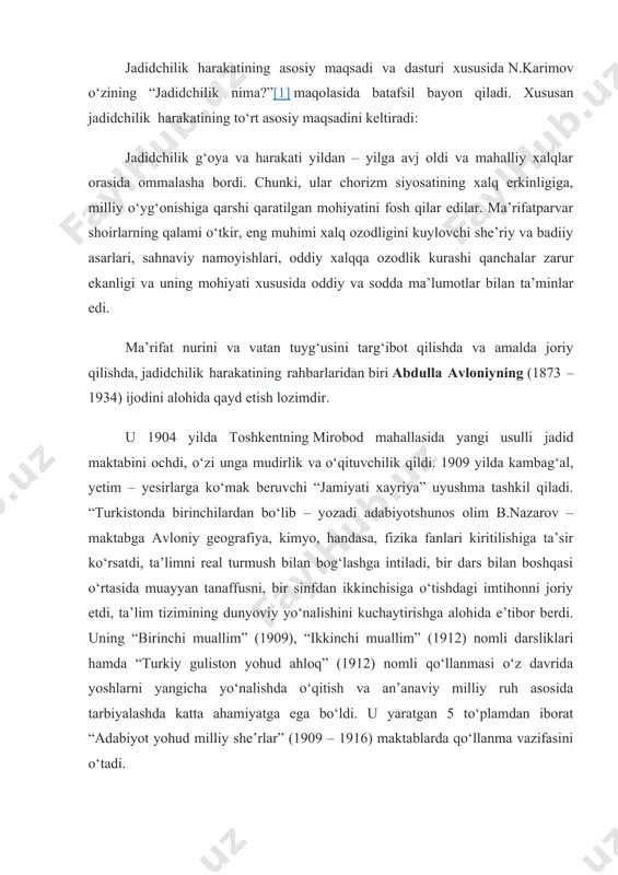 qo‘llanma vazifasini o‘tadi. abdulla avloniy ko‘plab she’rlar, she’riy to‘plamlar muallifidir. uning she’riyatida vatanparvarlik, ma’rifatparvarlik va milliy – ozodlik taronalari alohida o‘rin tutadi. masalan, bolalarga bag‘ishlangan “vatan” (1916) she’rida dunyodagi eng ulug‘ va muqaddas tushuncha vatandir, vatanga sadoqatli bo‘lmoq har bir insonning vijdoniy burchidir, degan g‘oyani ilgari suradi”[2]. ushbu harakat faoliyatida shoir, dramaturg va adabiyotshunos olim abdurauf fitrat (1886 – 1938)ning ijodini alohida e’tirof etish lozimdir. u jadidchilik harakatining asoschilari va rahbaridan biri edi. o‘rta osiyoda eski maktabni va maorifni isloh etish, yangi usulli jadid maktabini hayotga joriy qilish g‘oyalarini ilgari surdi, jamiyatni, xususan buxorodagi tuzumni keskin tanqid ostiga olib, turli omma harakatlarida faol qatnashdi. uning dunyoqarashida ma’rifatparvarlik va vatanparvarlik g‘oyalari yetakchilik qildi 1.1. o‘zbekistonda xx asr boshlarida siyosiy-ijtimoiy va madaniy muhit. o‘zbekistonning madaniy hayotida xx asrda bunyodga kelgan alisher navoiy nomidagi davlat akademik katta opera va balet teatri, muqimiy nomidagi respublika davlat musiqali drama va komediya teatri, berdaq nomidagi qoraqalpog‘iston …