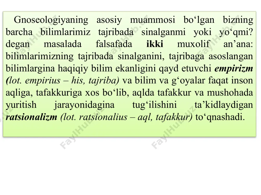 ng o‘zgaruvchanligi, o‘tkinchiligi, haqiqatning nisbiyligini mutloqlashtiruvchi agnostik va skeptik qarashlarning yo‘nalishlaridan biridir. umuman, insonning borliqni bilishi masalasida izchil agnostitsizm, skeptitsizm bilan birikib ketib, nigilizmga olib keladi. билиш нима? билиш инсоннинг табиат, жамият ва ўзи тўғрисида билимлар ҳосил қилишга қаратилган ақлий, маъна- вий фаолият туридир. инсон ўзини қуршаб турган атроф-муҳит тўғ- рисида билим ва тасаввурга эга бўлмай туриб, фаолият- нинг бирон-бир тури билан муваффақиятли шуғуллана олмайди. билим нима? инсон фаолиятининг ҳар қандай тури муайян илмга таянади ва фаолият жараёнида янги билимлар ҳосил қилинади. кундалик фаолият жараёнида тажрибалар орқали билимлар ҳосил қилиш бутун инсониятга хос бўлган билиш усулидир. билимлар бевосита ҳаётий эҳтиёждан, фаровон ҳаёт кечириш заруратида вужудга келган ва ривожланган. билишнинг мақсади. илмий билимлар ҳосил қилишдангина иборат эмас, балки билиш жараёнида ҳосил қилинган билимлар воситасида инсоннинг баркамоллигига интилиш, табиат ва жамиятни инсонийлаштириш, табиий ва ижтимоий боғлиқликка эришишдир билиш предмети бу- субъектнинг билиш фаолияти қамраб олган билиш объектининг айрим соҳалари ва томонларидир. фаннинг …