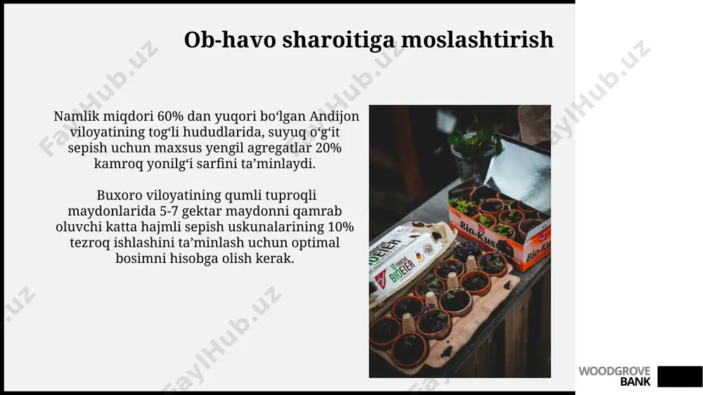 tadqiqotlari shuni ko'rsatdiki, 5 turdagi suyuq organik o'g'itlarning 2 turi makkajo'xori hosildorligini 15% ga oshirgan. farg'ona vodiysida qo'llaniladigan suyuq organik o'g'itlarning 70% azot, fosfor va kaliyning muvozanatli tarkibiga ega bo'lib, ularning samaradorligi 8 dan 12 haftagacha davom etadi. woodgrove bank muammolarning oldini olish суюқ органик ўғитларни ҳар 7 кунда 1 марта, 15-20 мл/м² миқдорида қўллаш, фарғона водийсидаги пахта экинларидаги ортиқча намлик муаммосини олдини олишга ёрдам беради. ўғитларни қўллашдан олдин 5% ли суюлтирилган эритма сифатида синаб кўриш, 100 та ўсимлик устида текшириш орқали, тошкент вилояти шароитидаги ножўя таъсирларни олдиндан аниқлашга ёрдам беради. woodgrove bank ishlatishdan oldin tayyorgarlik қўллашдан олдин ўғитнинг ҳарорати тошкент шаҳридаги метеорологик станциянинг маълумотларига кўра 15-25°c бўлиши керак, акс ҳолда, ўсимликларга салбий таъсир этиши мумкин. ўғитни ишлатишдан олдин 500 литрлик сиғимдаги бакни 30% ли сув билан тўлдиринг ва 10 кг ли дозани аниқ ўлчаб, андижон вилоятидаги фермер хўжаликларида синалган суюқ органик ўғитни қўшинг. woodgrove bank samaradorlikni baholash toshkent viloyatida …