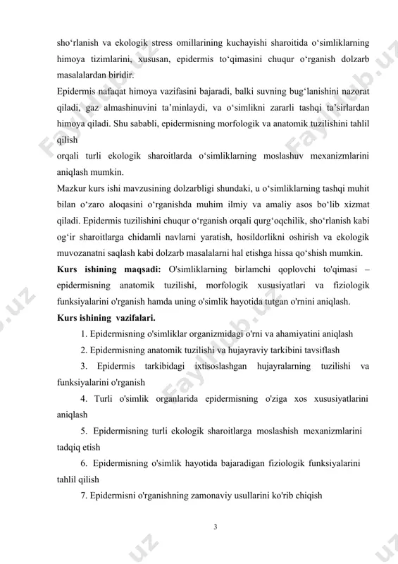 ng anatomik tuzilishi va hujayraviy tarkibini tavsiflash 3. epidermis tarkibidagi ixtisoslashgan hujayralarning tuzilishi va funksiyalarini o'rganish 4. turli o'simlik organlarida epidermisning o'ziga xos xususiyatlarini aniqlash 5. epidermisning turli ekologik sharoitlarga moslashish mexanizmlarini tadqiq etish 6. epidermisning o'simlik hayotida bajaradigan fiziologik funksiyalarini tahlil qilish 7. epidermisni o'rganishning zamonaviy usullarini ko'rib chiqish o'simliklar to'qimalarining klassifikatsiyasida epidermis qoplovchi to'qimalar guruhiga mansub bo'lib, birlamchi qoplovchi to'qima hisoblanadi. o'simlik organizmida to'qimalar uch guruhga bo'linadi: hosil qiluvchi (meristema), asosiy va vaqtinchalik to'qimalar. asosiy to'qimalar o'z navbatida qoplovchi, asosiy, mexanik, o'tkazuvchi va ajratuvchi to'qimalarga bo'linadi. epidermis qoplovchi to'qimalarga mansub bo'lib, vaqt o'tishi bilan ikkilamchi qoplovchi to'qima – peridermis bilan almashishi mumkin. epidermis nafaqat o'simliklarda, balki odam va hayvonlarda ham mavjud, ammo ularning tuzilishi va funksiyalari bir-biridan jiddiy farq qiladi. o'simlik epidermisi odatda bir qavat tirik hujayralardan tashkil topgan bo'lib, uning tashqi yuzasi kutikula bilan qoplangan. o'simlik epidermisida og'izchalar (stomalar), tukchalar (trixomalar) va boshqa ixtisoslashgan hujayralar mavjud bo'lib, …