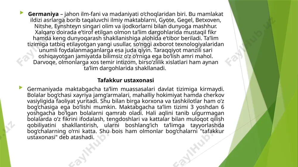 art qilib belgilangan. maktab taʼlim tizimi esa boshlang‘ich, o‘rta va yuqori bosqichlarga bo‘linadi. bolalar 5-6 yoshdan boshlang‘ich maktabga qatnaydi. boshlang‘ich maktabda o‘qish davri to‘rt yildan olti yilgacha. maktablarda birinchi, ikkinchi sinf davomida o‘quvchilarga baho qo‘yilmaydi. o‘qituvchilar baho o‘rniga bolaning individual, psixologik rivojlanish holati xususida hisobot tayyorlaydi. o‘quvchilarga 3-sinfdan baho qo‘yila boshlaydi. germaniyada 6 ballik baholash tizimi qabul qilingan. bunga ko‘ra, 1 – aʼlo; 2 – yaxshi; 3 – qoniqarli; 4 – yetarli; 5 – yetarli emas; 6 – qoniqarsiz. o‘quvchilar fanlarni eng kamida "4"ga o‘zlashtirishi kerak. boshlang‘ich bosqichda bolalarga matematika, nemis tili, tabiatshunoslik, musiqa, estetika fanlari o‘tiladi. tanlash imkoniyati olmon taʼlim tizimining o‘ziga xos xususiyati shundaki, o‘quvchilar boshlang‘ichni tugatgandayoq kelajak yo‘lini aniqlab olishi zarur. ana shunga asoslanib, u bir necha turdagi maktabdan birida o‘qishni davom ettiradi. asosiy maktab. bu yerda bolalar to‘qqizinchi sinfgacha o‘qitiladi. asosiy maktablarda oliy taʼlim muassasalarida o‘qish niyati yo‘q bo‘lgan, biror bir kasb etagidan tutishni ko‘zlagan o‘quvchilar …