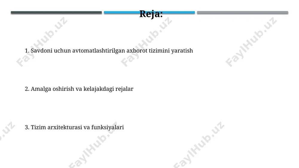 ta'minlaydi. qo'llab-quvvatlash xizmati onlayn va telefon orqali taqdim etiladi. o'rtacha javob berish vaqti 15 daqiqa. bundan tashqari, foydalanuvchilar uchun batafsil qo'llanma va video darslar mavjud. loyihaning byudjeti va xarajatlari loyihaning umumiy byudjeti 150 million so'mni tashkil etadi, bunda dasturiy ta'minotga 70 million, apparat ta'minotiga 50 million va o'qitishga 30 million so'm ajratiladi. loyiha muddati 6 oyni tashkil etib, har oy o'rtacha 25 million so'm xarajat qilinishi rejalashtirilgan, bu esa umumiy byudjetga mos keladi. savdoni uchun avtomatlashtirilgan axborot tizimini yaratishning zarurati mavjud qo'lda bajariluvchi jarayonlarni avtomatlashtirish orqali 30% gacha vaqt tejash va xodimlar mehnatini optimallashtirish mumkin. raqobatbardoshlikni oshirish va mijozlarga tezkor va sifatli xizmat ko'rsatish uchun axborot tizimini zamonaviylashtirish va ma'lumotlarni tahlil qilish imkoniyatlarini kengaytirish muhim. xatarlar va muammolarni boshqarish tizim, 24/7 monitoring orqali real vaqtda xatar va muammolarni aniqlab, avtomatik ravishda tegishli bo‘limlarga xabar beradi, bu esa javob berish muddatini 30% ga qisqartiradi. muammolarni hal qilish jarayonini 5 bosqichga bo‘lish …