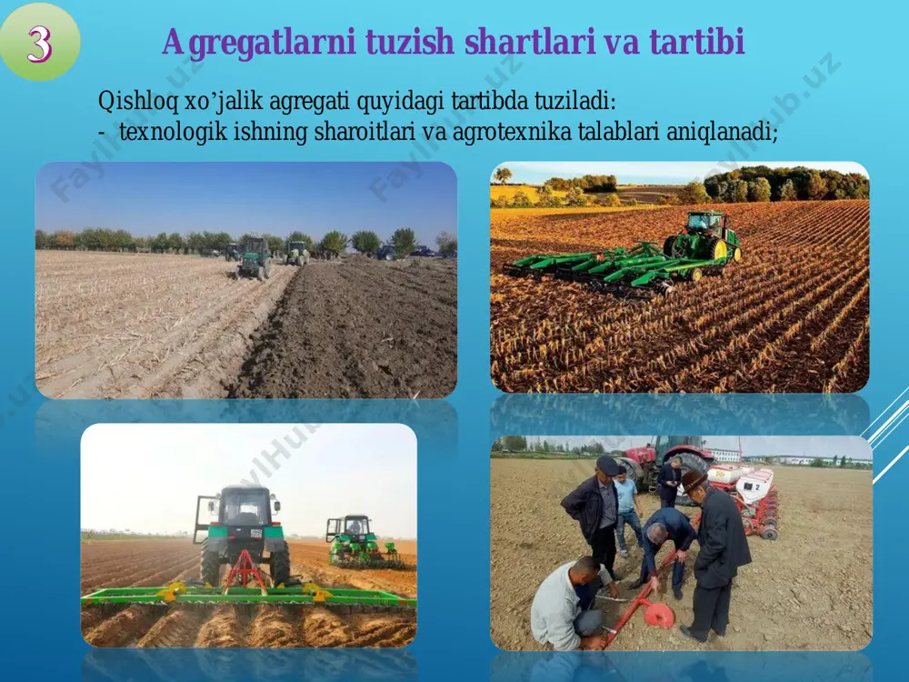 hamlarini agregatning foydalanish samaradorligiga ta’siri dala sharoitida har bir ishni bajarish paytida salt yurishlarni uch guruhga bo’lish mumkin, ya‘ni dalaga kirish va dala oxirida burilish, qamrash kengligi to’liq bo’lmaganda va bir daladan ikkinchi dalaga o’tishdagi salt yurishlarga bo’linadi. birinchi ikki guruh salt yurishlar dalada texnologik ishni bajarish bilan bog’liq bo’lib, ular paykalning shakli va o’lchamlarini aniq belgilanishi hamda qabul qilingan harakatlanish usuli va mexanizatorning agregatni boshqarish qobilyatiga bog’liqdir. shuning uchun dala va agregatning o’lchamlarini hisobga olgan holda agregatning daladagi harakatlanish usulini to’g’ri tanlash, uning texnik-iqtisodiy va sifat ko’rsatgichlarini yuqori bo’lishida muhim ahamiyat kasb etadi. agregat harakatining belgilovchi o’lchamlari 3-rasm. agregatning kinematik o’lchamlari: agregat harakatining belgilovchi o’lchamlari agregatni burilish radiusi agregatlar dalada amalga oshiradigan harakatlanish usullariga bog’liq holda 90°, 180° va ixtiyoriy burchak ostida burilishlar bajaradi. noto’g’ri tanlangan va bajarilgan burilishlar, agregatning salt yurish yo’lini va burilish yo’lagining kengligini oshishiga ta‘sir etadi, ayrim hollarda esa texnologik ishning sifatini pasayishiga olib keladi. …