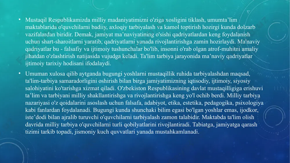 azmunida milliy musiqa vatan haqida kuy va qo'shiqlar tavsiya etiladi. shunday ekan biz musiqa darslarida vatan haqida qo'shiqlarni xalq musiqalaridan boshlab o'rgatishimiz lozim. uning to'la va to'g'ri shakllanishi musiqa madaniyati darslarida va sinfdan tashqari mashg'ulotlarda, yuksak na’munalarni ko'rsatish (ya'ni musiqiy asarlarni tinglash, vatan haqidagi qo'shiqlarni kuylash, tarixiy obidalarni ziyorat qilish) orqali vatanga muhabbat tuyg'usini shakllantiradi. vatanparvarlik tuyg'ularini o'quvchilarimiz ongiga singdirish avvalombor oiladan boshlanadi. bu nihoyatda katta mehnat talab qiluvchi murakkab vazifadir barcha ota-onalar, bog'cha opalar, maktab o'qituvchilarini hozirgi kunda asosiy vazifalaridan biri, bolalarda vatanga sadoqat, fidoyilik kabi fazilatlarni adabiyot, musiqa, tasviriy san’at orqali kamol toptirishdir. albatta, har bir darsda bu tarkibiy qismlar bir-biri bilan bog'langan ravishda o'tiladi va ular har darsda turli variantlarda o'rin almashib kelishi mumkin. darsning maqsadi esa o'z navbatida beshta yo'nalishni o'z ichiga oladi. 1. tarbiyaviy maqsadi; 2. llmiy maqsadi; 3. bilimlarni rivojlantiruvchi maqsad; 4 kasbga yo'naltiruvchi maqsad; 5 milliy mafkura g'oyalarni singdirish maqsadi. bu maqsadlar ham, …
