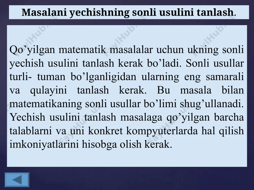 iqarish тамом misol. uchta haqiqiy son berilgan shu sonlarning yig’indisi, ko’paytmasi, o’rta arifmetigi va o’rta geometrigini hisoblash algoritmini tuzing. boshlash algoritmning boshi a , b , c a, b, c sonlarini kiritish s=a+b+c p=aּ bּ c a, b, c sonlar yig’indisini hisoblash a, b, c sonlar ko’paytmasini hisoblash o’rta arifmetikni hisoblash o’rta geometriukni hisoblash natijalarni chiqarish s, p, ua, ug tamom hisoblashni tugatish { 1. algoritm javobini aniqlang : 1. boshlash. 2. x:=3; y:=2; x:=sqrt(y)*2 hisoblansin. 3. x:=sqr(x)+y hisoblansin 4. x va y chiqarilsin. 5. tamom. a) 8 va 2 b) 2 va 8 c) 10 va 2 d) 2 va 10 2. algoritm javobini aniqlang : 1. boshlash. a:=1; b:=2; a:=3 bajarilsin a, b va a ni qiymati chiqarilsin tamom. a) 1;2;3 b) 1;1;3 c) 2;1;3 d) 3;2;3 natijani aniqlang a) 13;10;16 b) 10;16;13 c) 47;120;13 d) 120;13;26; boshlash tamom d, y, x x=2; y=4; d=5 x=2*y+d d=2*y+3*x y=2*d+3*x …