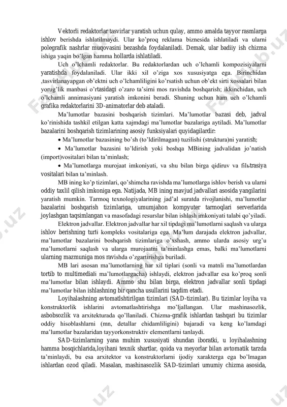 da ta’minlashiga bevosita bog’liqdir. amaliy dasturiy vositalarni sinflarga ajratish. matn redaktorlari (taxrirlagichlar). amaliy dasturlarning bu sinfi dasturlarning asosiy funksiyasi matnli ma’lumotlarni kiritish va taxrirlashdan iboratdir. qo’shimcha funksiyalari esa kiritish va taxrirlash jarayonini avtomatlashtirishdir. ma’lumotlarni kiritish, chiqarish va saqlash uchun, matn redaktorlari tizimli dasturiy ta’minotni chaqiradi va undan foydalanadi. ammo bu holat ixtiyoriy amaliy dasturlar uchun ham xosdir. кompyuter tizimi bilan o’zaro muloqatda bo’lish ko’nikmalarini hosil qilishda va amaliy dasturiy ta’minot bilan tanishishda, ishni odatda matn redaktorlaridan boshlashadi. matn prosessorlari. matn prosessorlarining redaktorlardan farqi shundaki, ular matnni kirgizib, taxrirlabgina qolmay, balki uni formatlaydi ham. mos ravishda matn prosessorlari asosiy vositalariga (grafika, jadval) natijaviy xujjatni tashkil etuvchilari – matn, grafika, jadval va boshqa ob’ektlar o’zaro aloqalarini ta’minlash vositalari kiradi, qo’shimchalariga esaformatlashtirish jarayonini avtomatlashtirish vositalari kiradi. xujjatlar bilan ishlashning zamonaviy uslubi (stilь) ikkita alьternativ yondoshishni –qog’ozdagi xujjatlar va elektron xujjatlar (qog’ozsiz texnlogiya) bilan ishlashni ko’zda tutadi. shuning uchun ham, matn prosessorlari vositalari bilan …