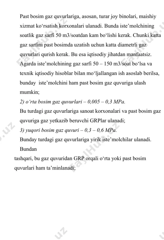y tizimlarda faqat past bosim bo‘lgani uchun kata diametrdagi quvurlar qo‘yishga to‘g‘ri keladi. bu iqtisodiy tarafdan manfaatsiz. 2. ikki bosqichli gazlashtirish tizimlari (1. 2- rasm). bunday tizimlar kichik va o‘rta shaharlarda qo‘llanilib, o‘rta va past bosim gaz quvur- lari ishlatiladi. o‘rta bosimdan sanoat korxonalar va past bosim gaz tarmoqlari grp orqali ta’minlanadi. bosimni oshirish gazlashtirish tizimida kichikroq diametrdagi quvurlar ishlatish imkonini beradi. bu esa mablag‘larni tejashga olib boradi. lekin bosimni oshirib borish tizimni ishlatishda katta talablar qo‘yadi. past bosim gaz quvurlariga turar joy binolari va mayda maishiy xizmat korxonalari ulanadi. bunday tizim bir bosqichli tizimga nisbatan tejamlidir va bunday tizimning o‘tkazish qobiliyati katta, past bosimli gaz quvurlarida bir xil bosimni ta’minlashga yordam beradi. shu bilan bir qatorda, bunday tizimlarga xavfsizlik tomondan yuqoriroq talablar qo‘yiladi. 3. uch va ko‘p bosqichli gazlashtirish tizimlari (1. 3- rasm va 1. 4- rasm). uch va ko‘p bosqichli tizimlar yordamida katta shahar lar gazlashtiriladi. chunki ikki …