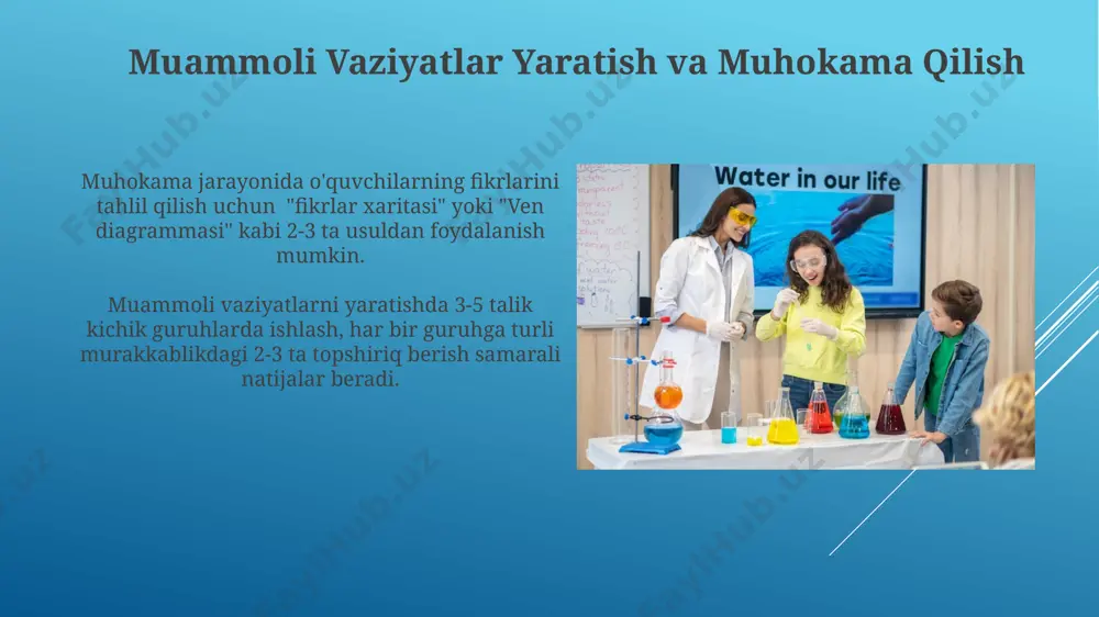 ali kuzatish mahoratini rivojlantirish samarali. loyihaviy usullar yordamida o‘quvchilarning 5-7 ta gipotezani shakllantirish va ularni eksperimentlar orqali tekshirish qobiliyatini oshirish mumkin. interfaol o'quv resurslaridan foydalanish interfaol o'quv resurslari, masalan, 3d modellashtirish dasturlari yoki virtual laboratoriyalar, o'quvchilarning amaliy ishlarini 20% ga oshirib, tushunchalarni chuqurroq o'zlashtirishini ta'minlaydi. interfaol doskalar va proektorlar yordamida 10 ta turli xil interfaol mashqlarni amalga oshirish, o'quvchilarning fikrlash qobiliyatini rivojlantirishga va muammolarni hal qilish ko'nikmalarini 15% ga yaxshilashga yordam beradi. xavfsizlik texnikasiga amal qilish kimyoviy moddalar bilan ishlashda 2-3 mm dan kam bo'lmagan diametrli shisha naychalardan foydalanish va ularni 45 gradus burchak ostida ushlab turish kerak, shuningdek, to'kilish xavfini kamaytirish uchun tomchilatgichlardan foydalanish tavsiya etiladi. tajriba o'tkazishdan avval 3 ta asosiy xavfsizlik qoidasini (himoya ko'zoynaklari, laboratoriya xalatlari va qo'lqoplarni kiyish) talabalarga tushuntirish va ularning bajarilishini nazorat qilish zarur. e'tiboringiz uchun rahmat @taqdimot_robot image1.jpg image2.jpg image3.jpg image4.jpg image5.jpg image6.jpg image7.jpg image8.jpg image9.jpg image10.jpg image11.jpg image12.jpg